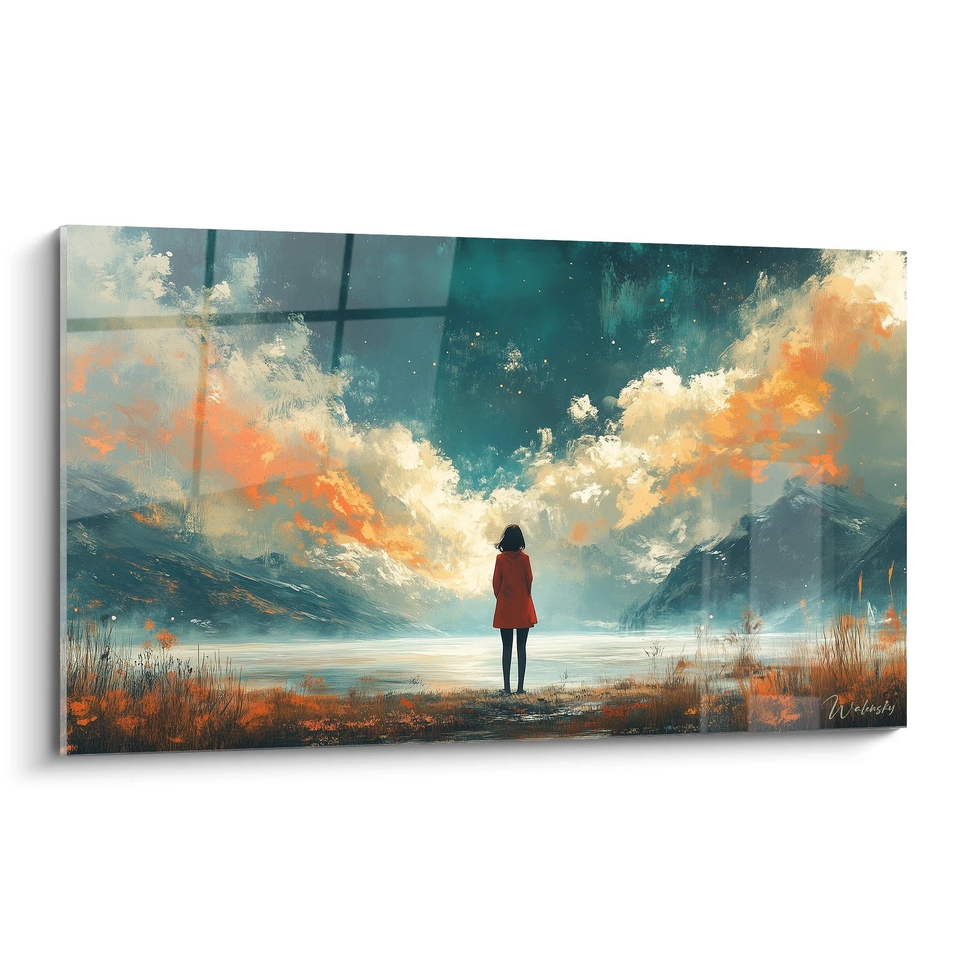 Un tableau paysage contemplatif représentant une silhouette féminine en manteau rouge face à des montagnes, avec un ciel aux teintes bleu profond, orange et blanc lumineux, créant une atmosphère méditative entre réalisme et abstraction.
