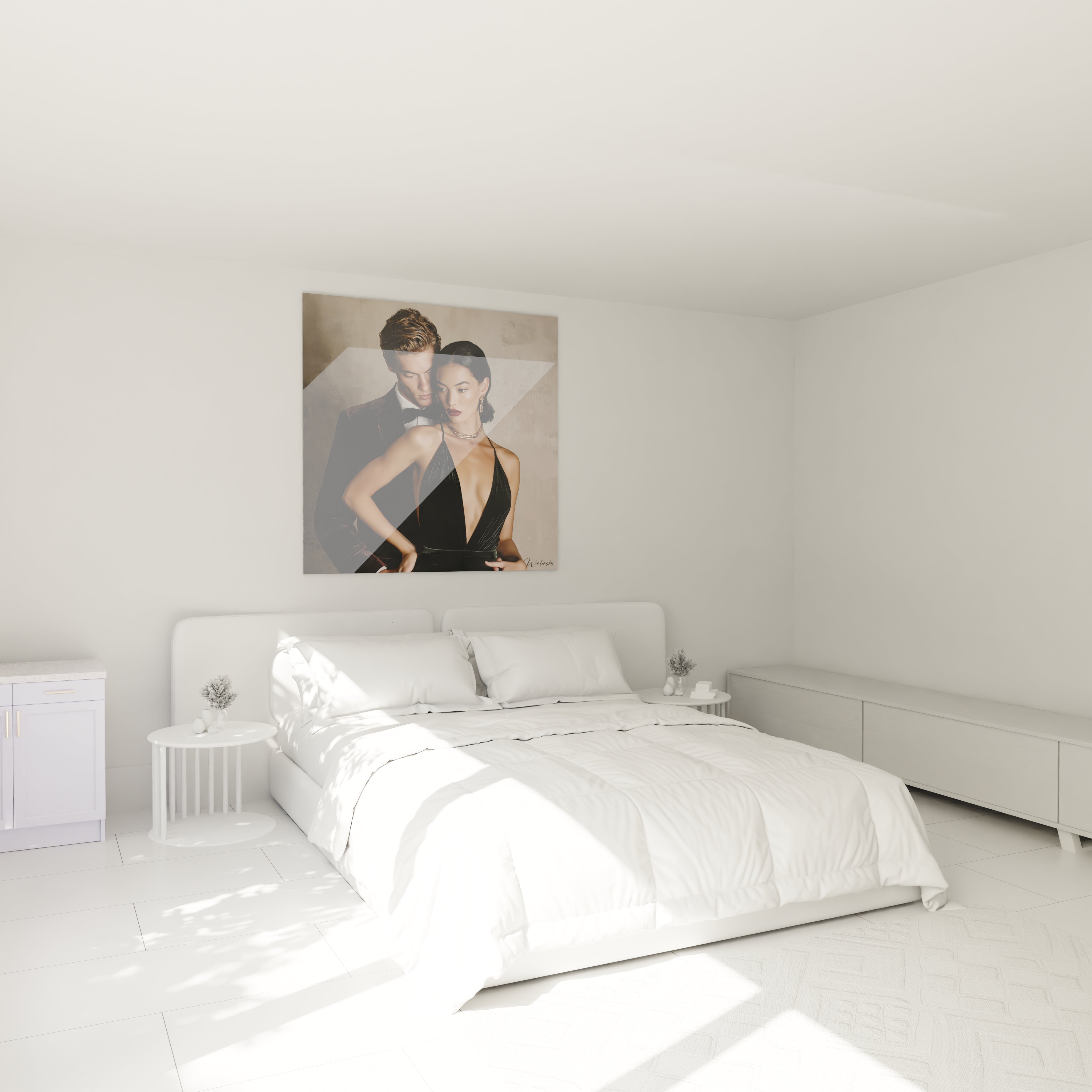 Tableau contemporain homme élégance sur un mur dans une chambre moderne et lumineuse