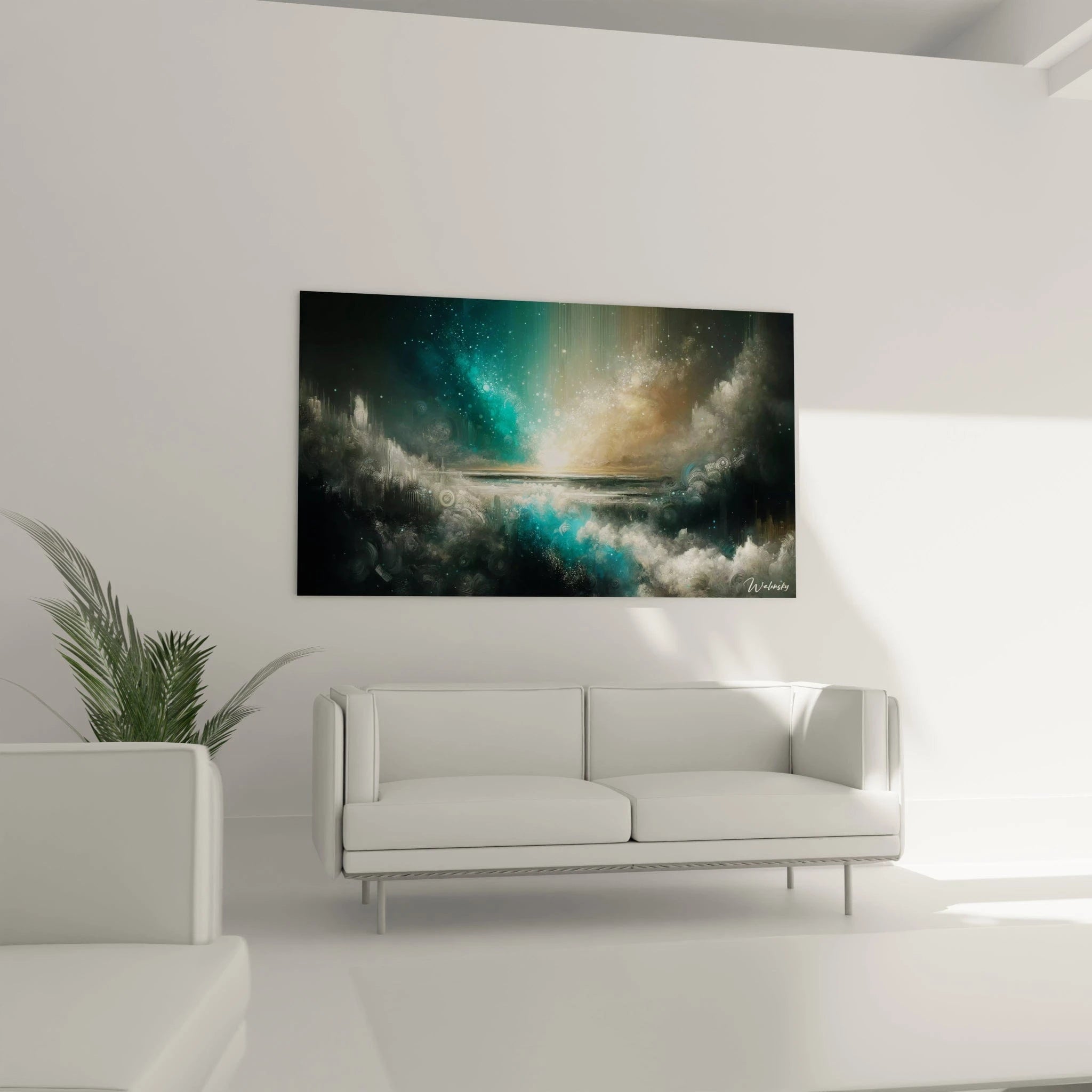 Un tableau abstrait de mer agitée sous un ciel nocturne. Les couleurs principales sont turquoise brillant, noir de jais et beige doré. La texture mêle formes nuageuses diffuses, points lumineux et motifs spiralés gravés, créant une atmosphère à la fois aquatique et cosmique avec un horizon lumineux central.
