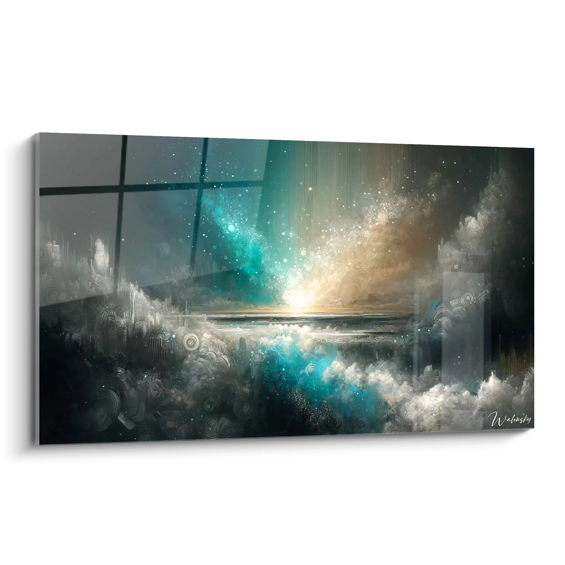 Un tableau abstrait de paysage marin nocturne. Dominé par des teintes turquoise lumineux, noir profond et or pâle. La texture présente des nuages vaporeux et des vagues écumeuses avec des points lumineux semblables à des étoiles, des motifs spiralés et des traits verticaux créant un effet cosmique.
