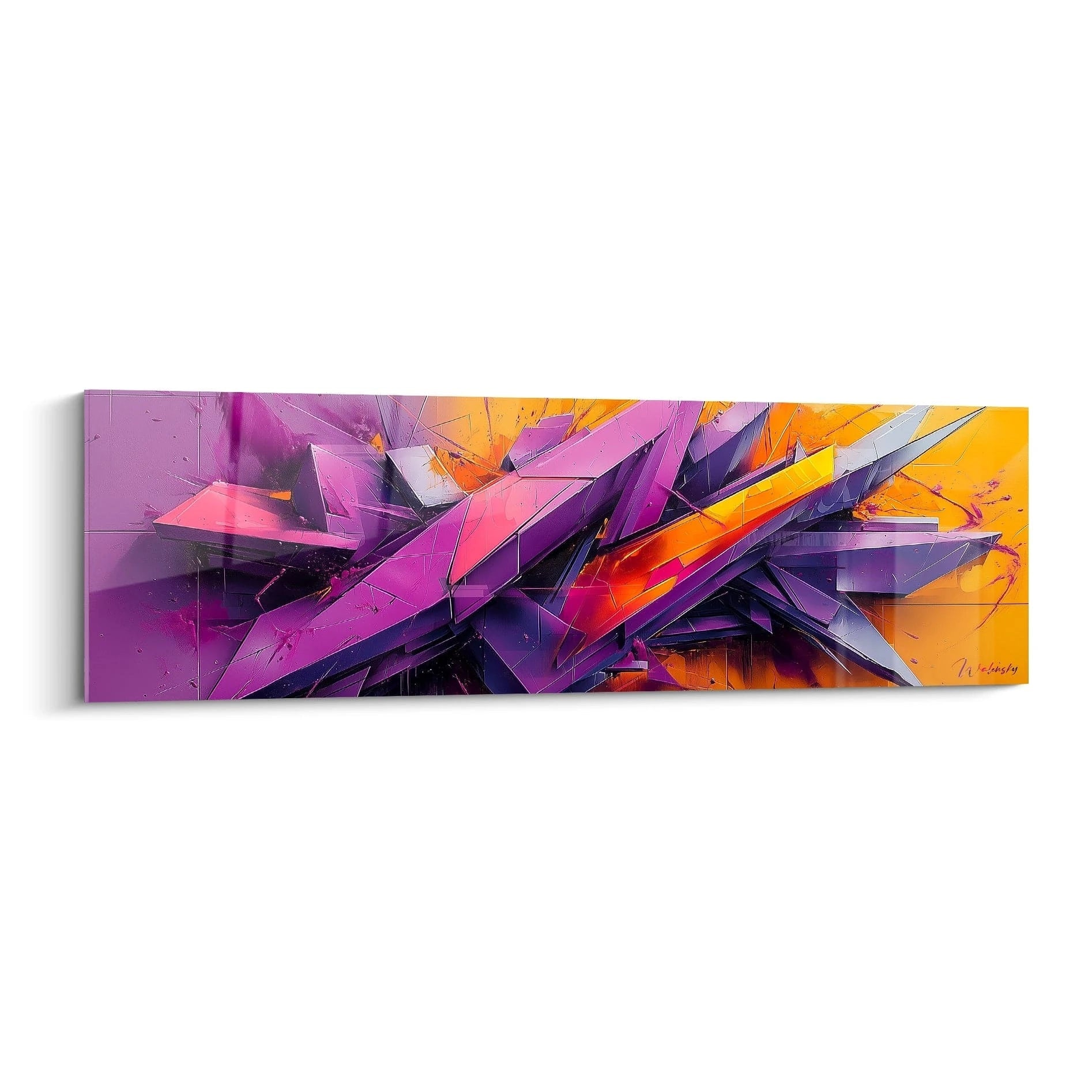 Tableau géométrique abstrait aux formes angulaires et fragmentées en violet, orange et rose, présentant une composition dynamique avec des triangles entrecroisés et des effets de profondeur, créant une impression de mouvement figé sur fond structuré.
