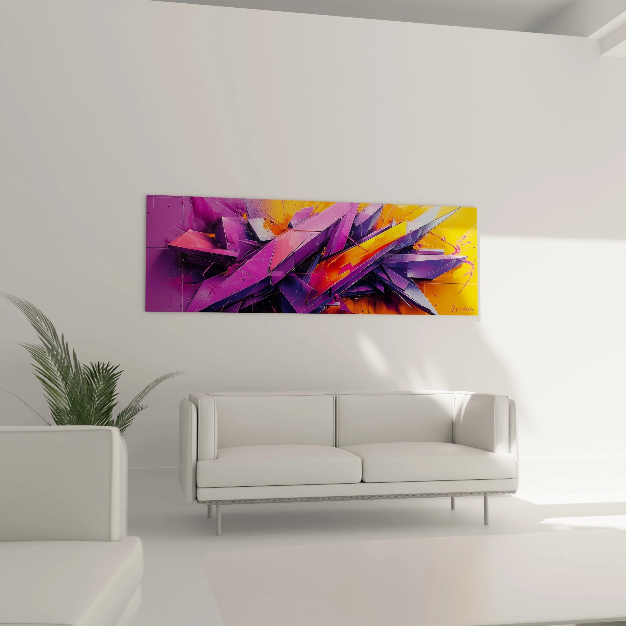 Tableau géométrique fracturé représentant une composition abstraite de triangles et prismes en violet, rose et orange, avec des transitions chromatiques fluides entre les couleurs contrastées et des lignes directionnelles qui suggèrent une explosion figée.
