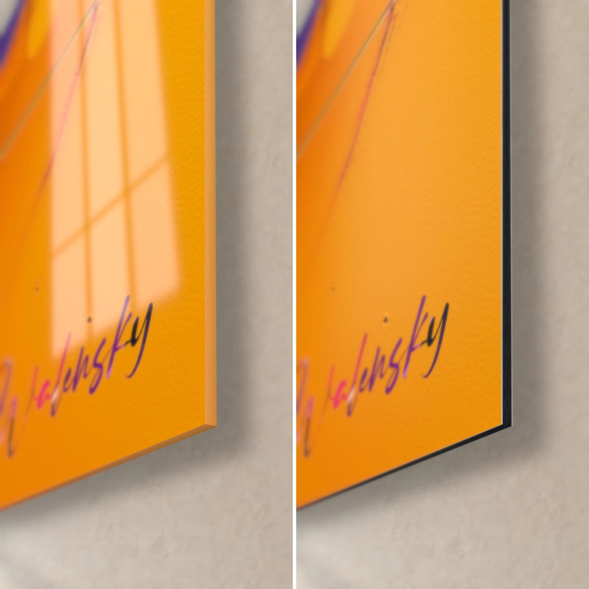 Tableau graffiti géométrique pourpre, coin bas droit : signature orange sur verre brillant à gauche, Dibond mat à droite