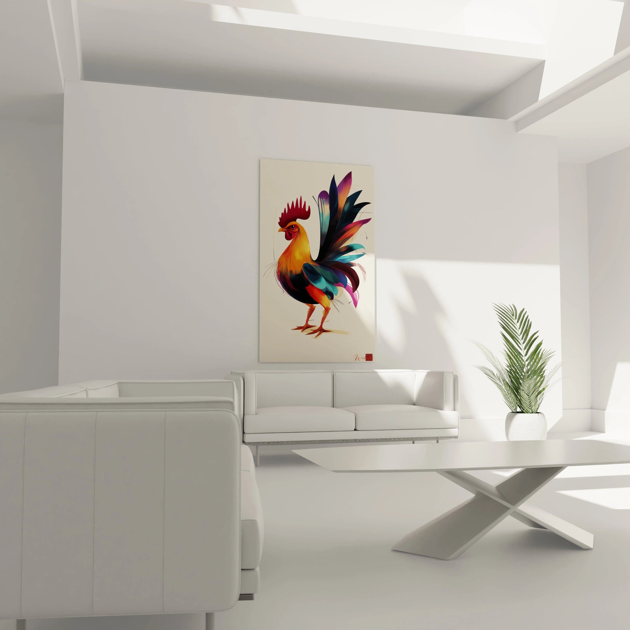 Un tableau coq stylisé présentant un oiseau majestueux aux couleurs éclatantes, mêlant orange doré pour le corps, rouge intense pour la crête et un dégradé de bleus, violets et turquoise pour les plumes de la queue, avec texture finement détaillée.
