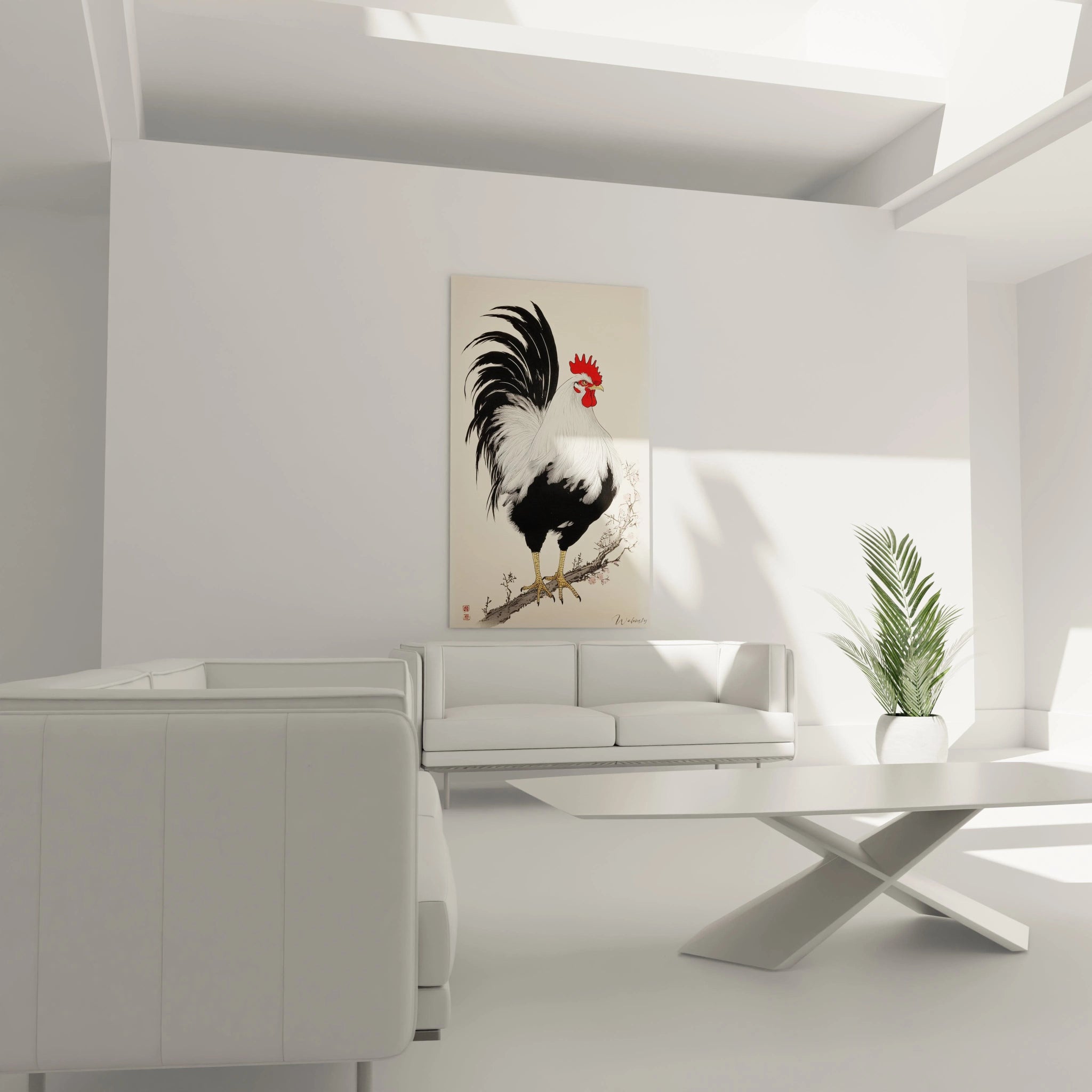 Un tableau coq en style asiatique présentant un oiseau de basse-cour blanc, noir et rouge sur un fond beige pâle. Les longues plumes de la queue s'élancent gracieusement vers le haut, contrastant avec la posture digne et les pattes jaunes saisies avec précision.
