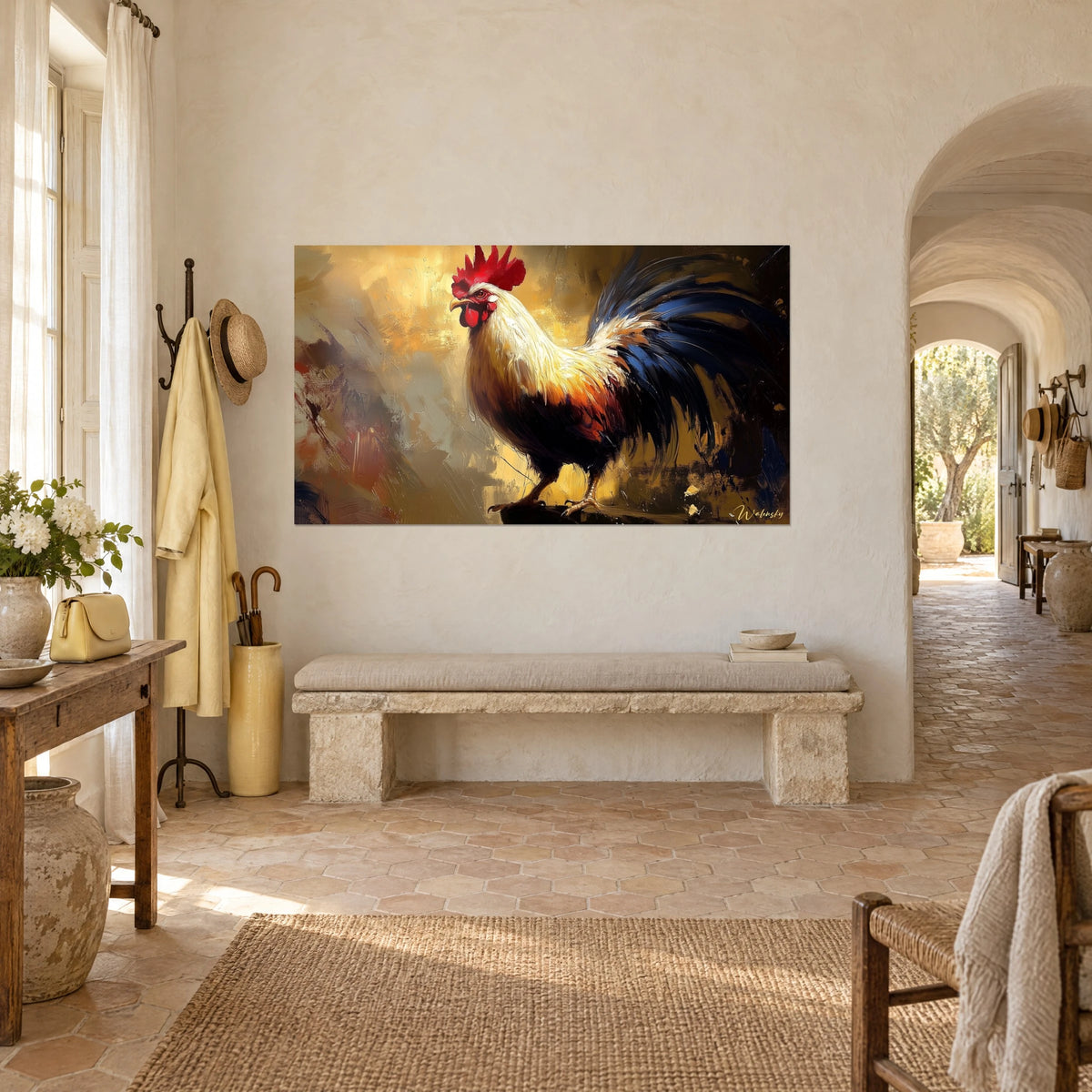 Wall art of a proud rooster, ivory neck and copper-toned feathers on an ochre background, hung beside a stone archway in a Provençal farmhouse