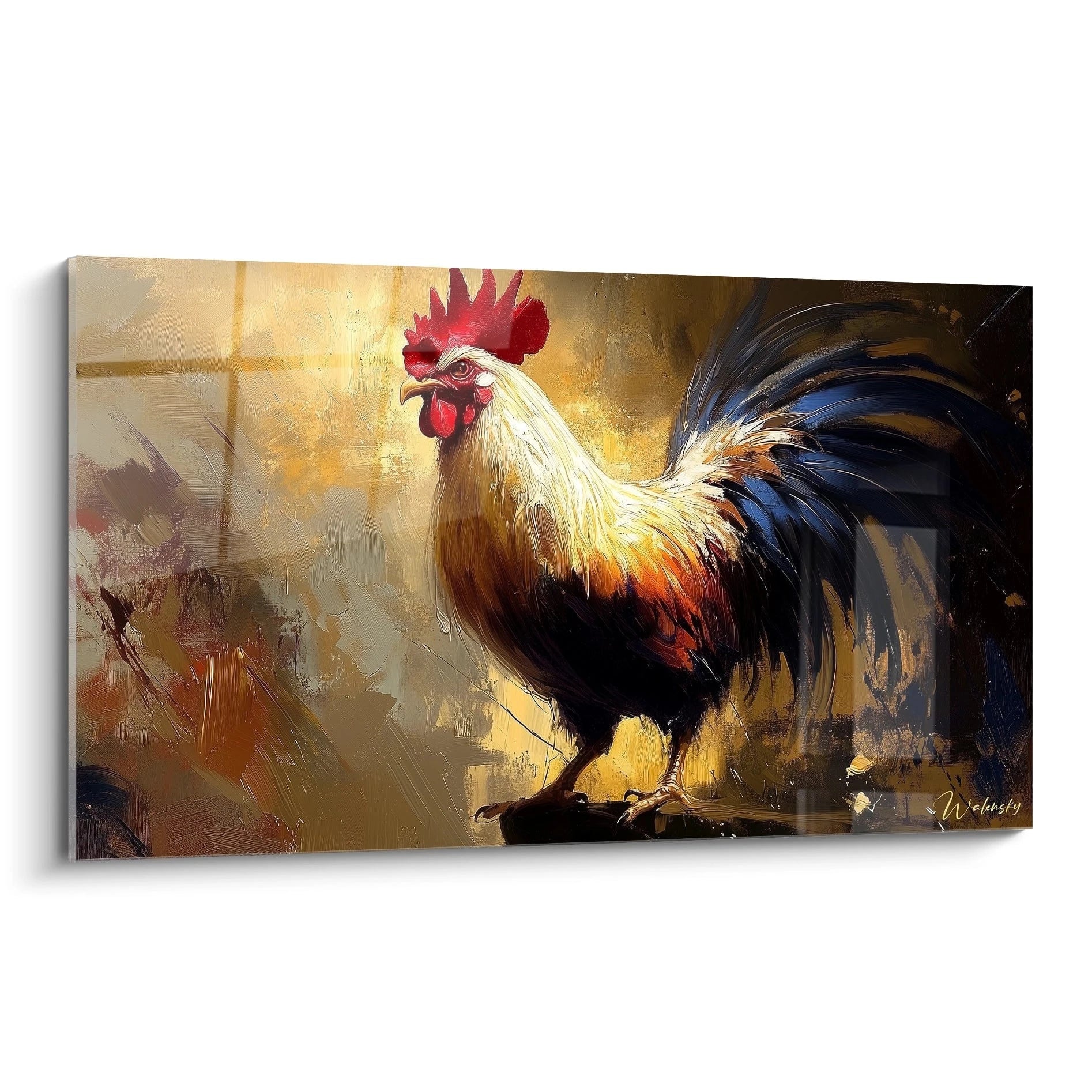 Un tableau coq représentant un gallinacé fièrement dressé avec une crête rouge vif, un plumage blanc et crème sur le corps, et une queue aux plumes noires lustrées. Les coups de pinceau texturés créent un effet de mouvement sur fond doré ambré.
