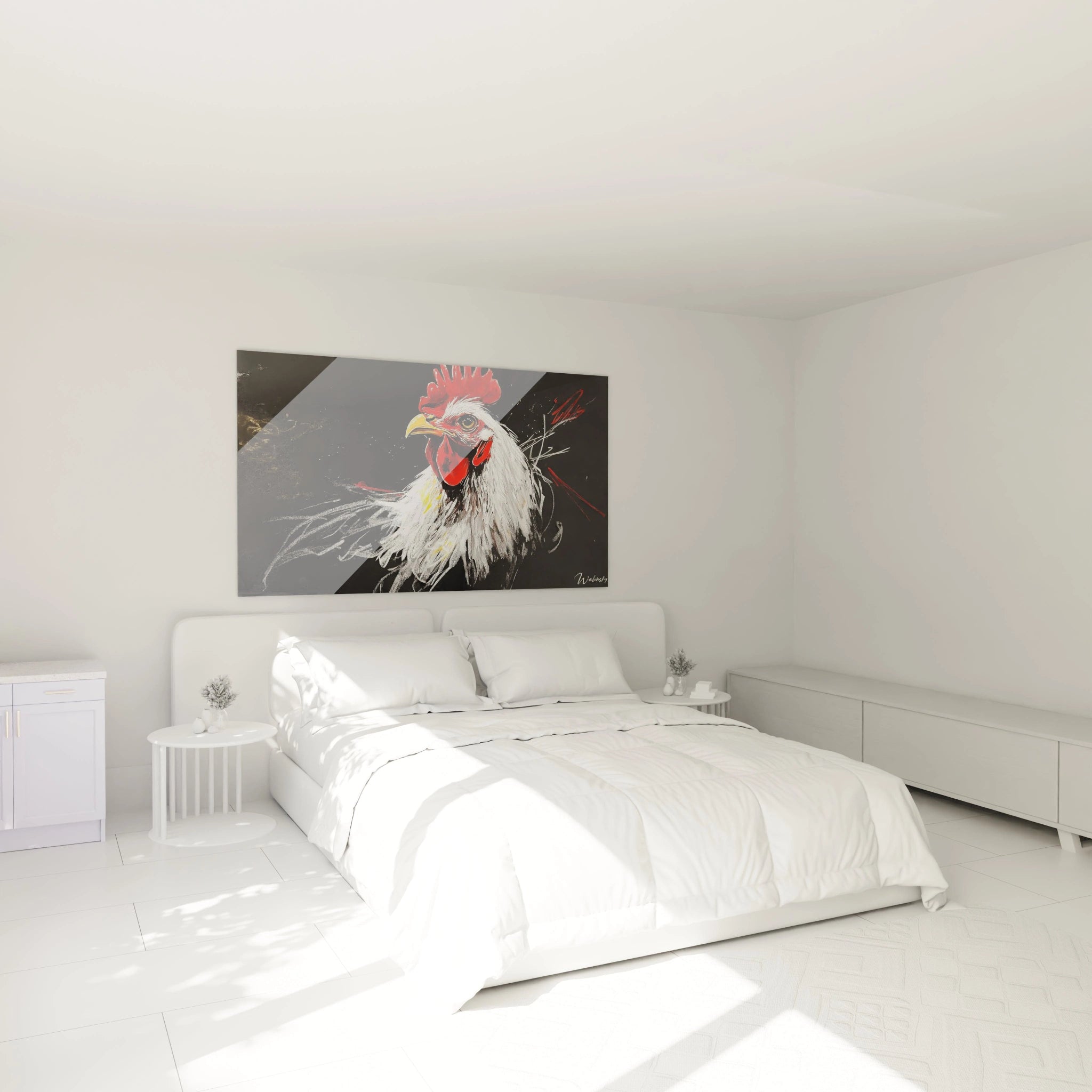 Un tableau coq expressionniste présentant un gallinacé blanc aux plumes détaillées, avec une crête rouge éclatante et des barbillons pendant, se détachant sur un arrière-plan noir profond qui accentue la luminosité du sujet principal.
