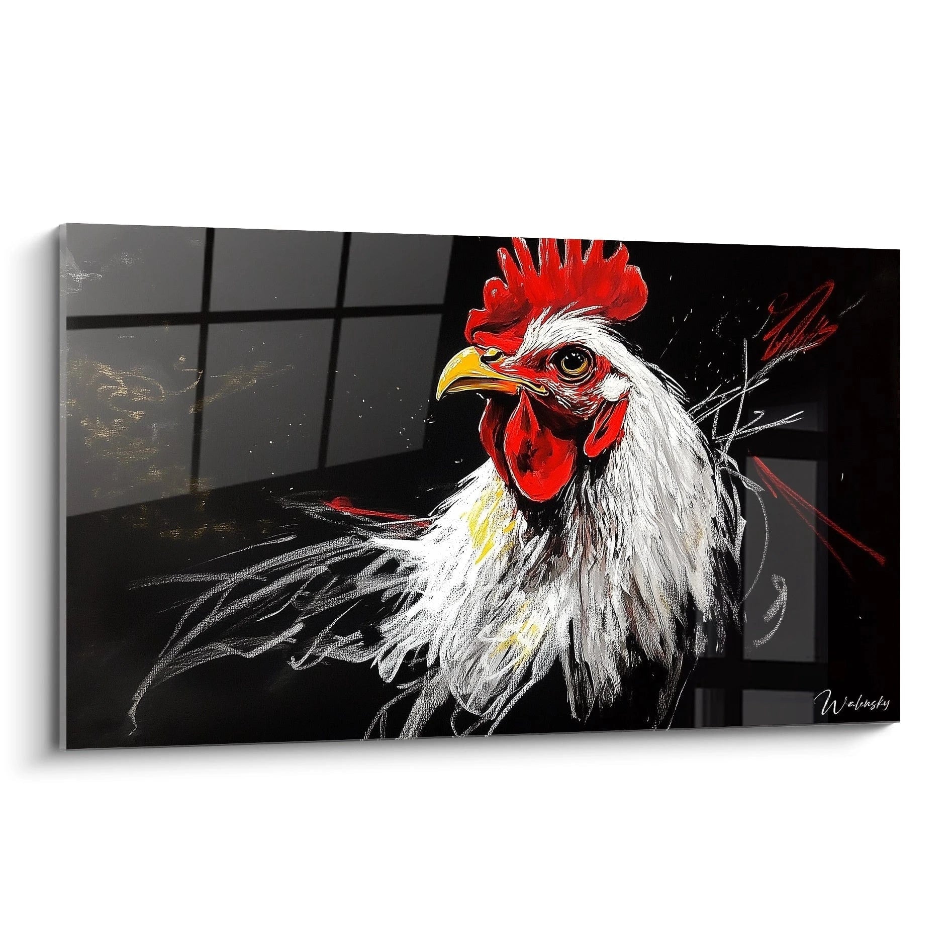 Un tableau coq représentant un coq blanc à crête rouge vif sur fond noir, montrant un profil saisissant avec plumage texturé, œil doré expressif et bec jaune, créant un contraste dramatique entre lumière et obscurité.
