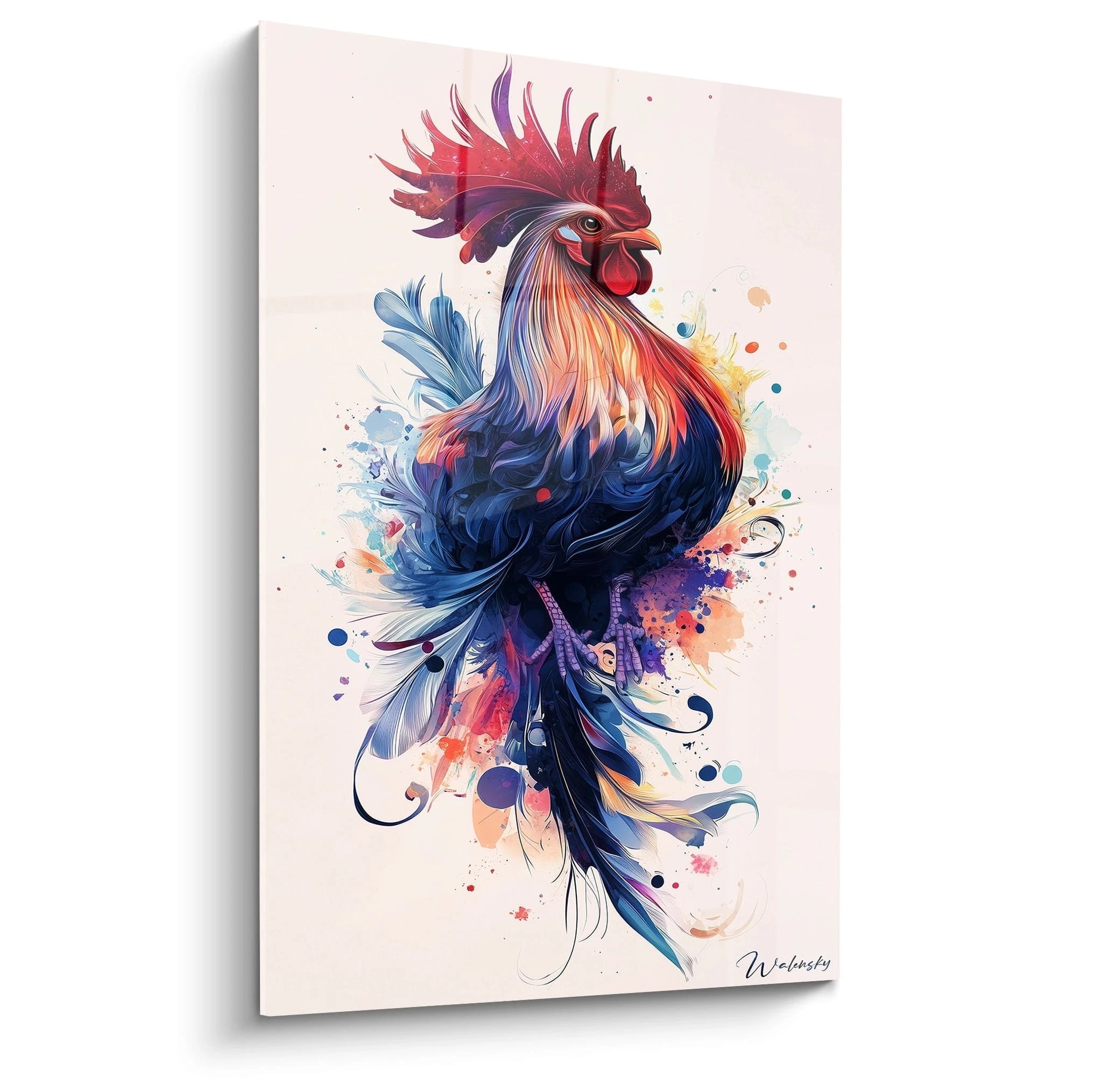 Un tableau coq aux couleurs éclatantes, montrant un coq fier au plumage bleu profond et rouge vif. Le corps est entouré d'éclaboussures colorées turquoise et orange, créant un effet dynamique sur fond beige clair.
