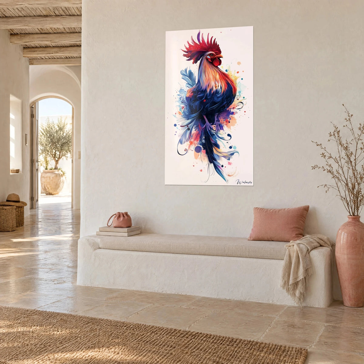 Watercolor wall art of a rooster with orange breast and indigo tail, white plastered wall beside a whitewashed bench in a Mediterranean home