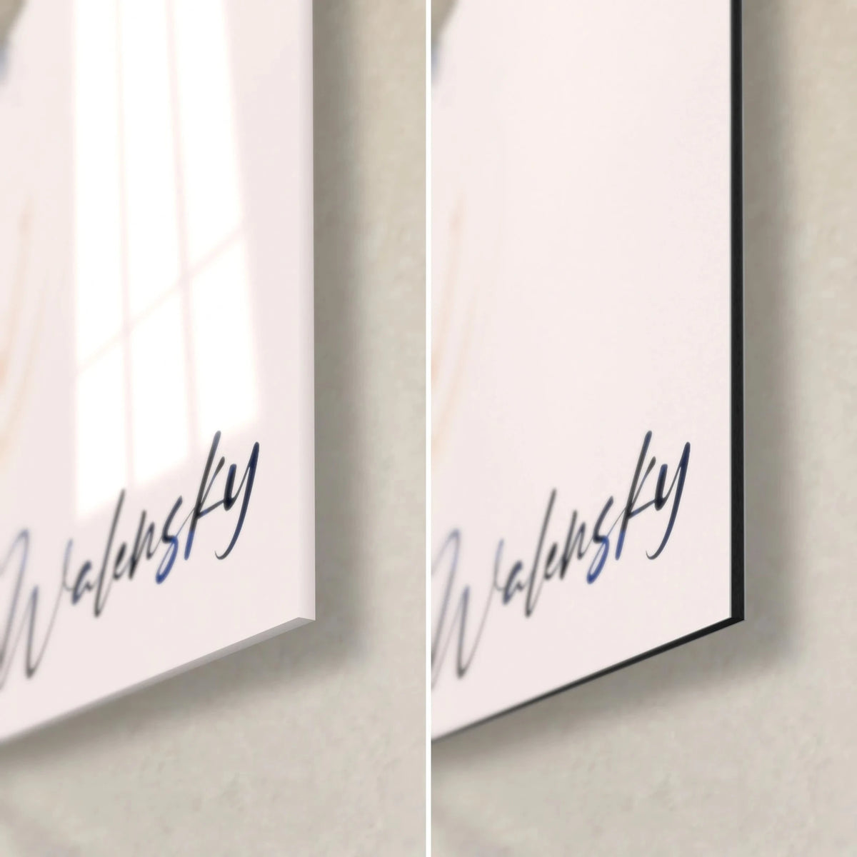 Colorful rooster wall art, bottom right corner: glossy acrylic glass and matte black Dibond aluminum, Walensky cursive signature on pink background