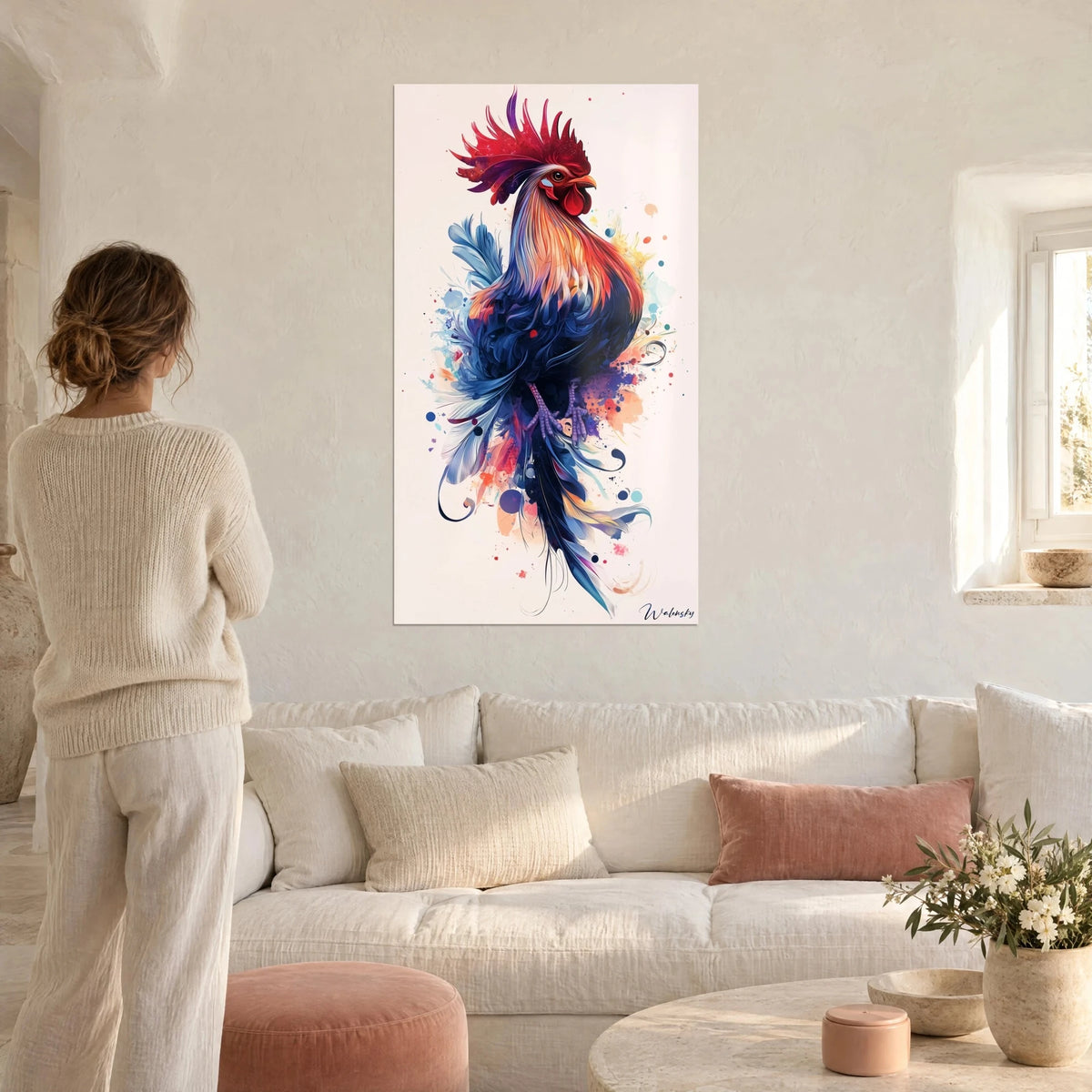 Wall art of a majestic rooster with midnight-blue plumage and red comb, in front of a woman seen from behind, above a sofa in a bright living room