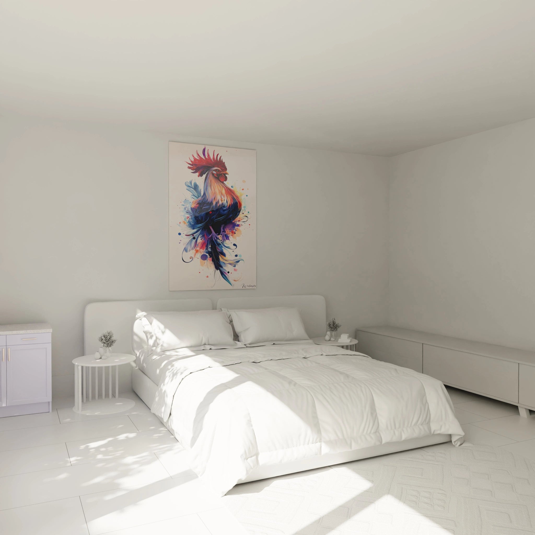 Tableau coq contemporain présentant un gallinacé majestueux en position verticale, avec une crête rouge flamboyante et un corps bleu marine. Des textures fluides et des projections multicolores créent un contraste saisissant autour du sujet principal.
