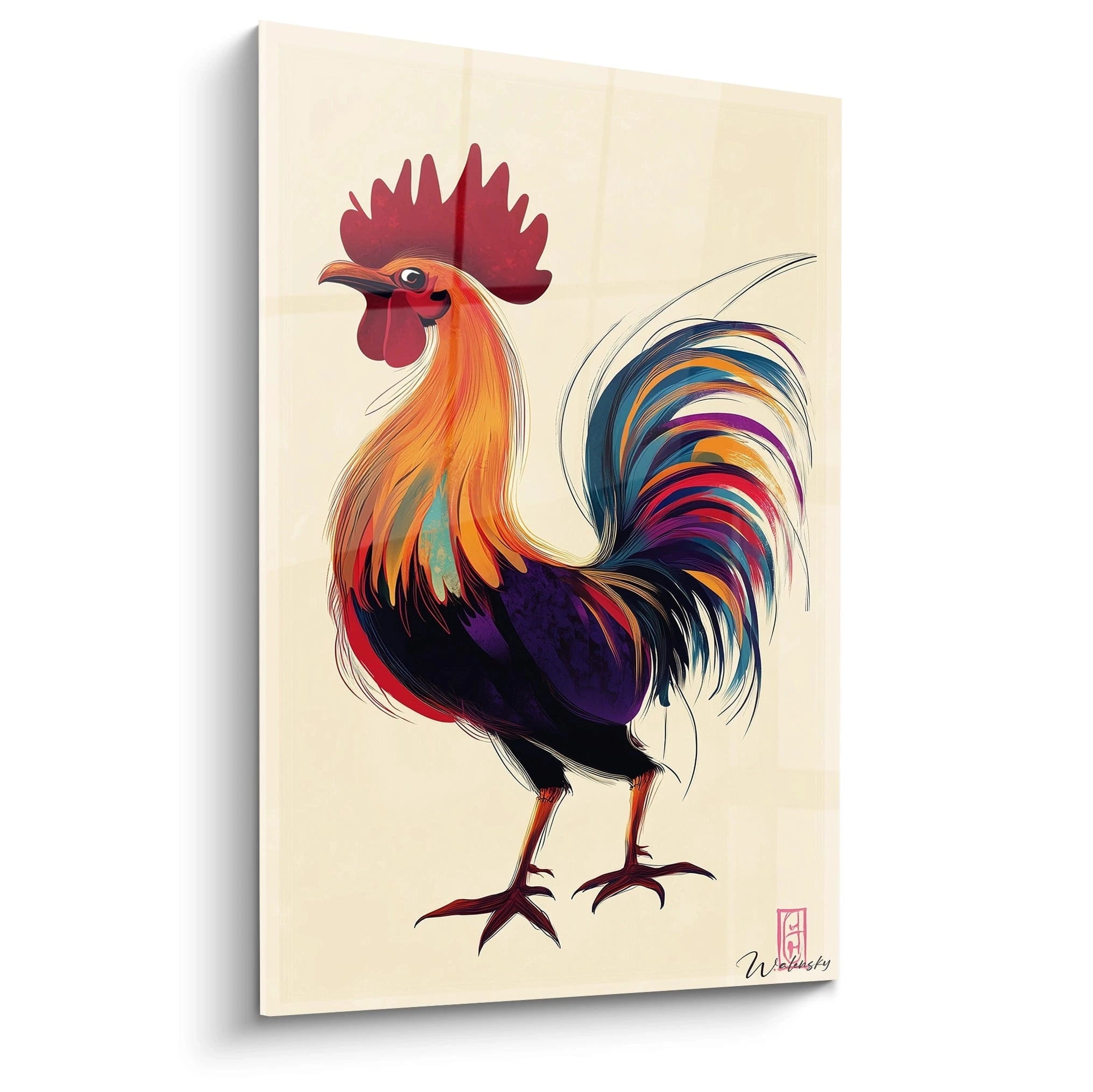 Un tableau coq aux couleurs vives représentant un gallinacé fier sur fond beige clair. Le plumage combine orange lumineux, rouge vif et bleu profond avec des traits fluides suggérant le mouvement des plumes.
