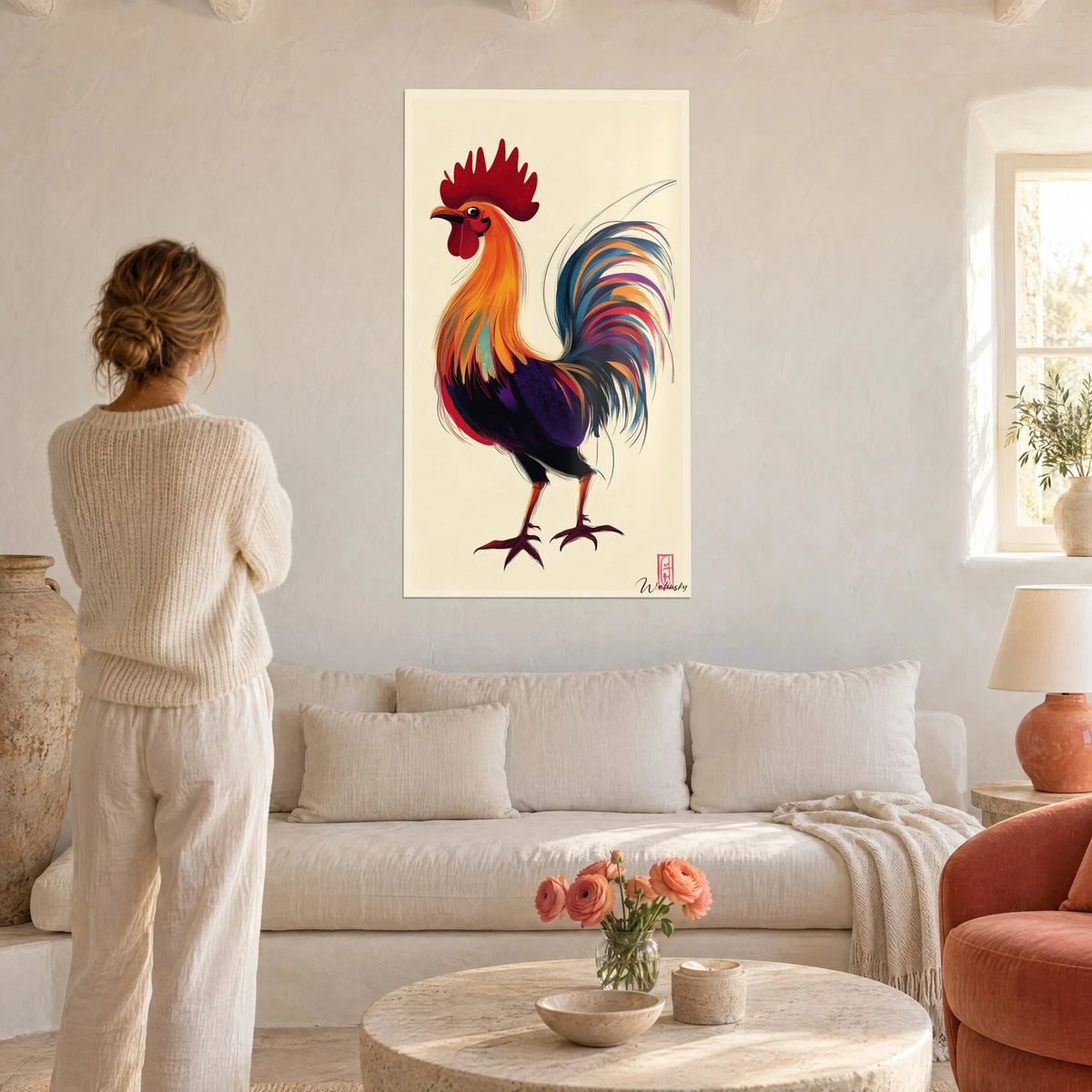 Tableau coq fier à crête rouge et cou orangé, queue bleue et violette, une femme de dos au-dessus d'un canapé dans un salon lumineux