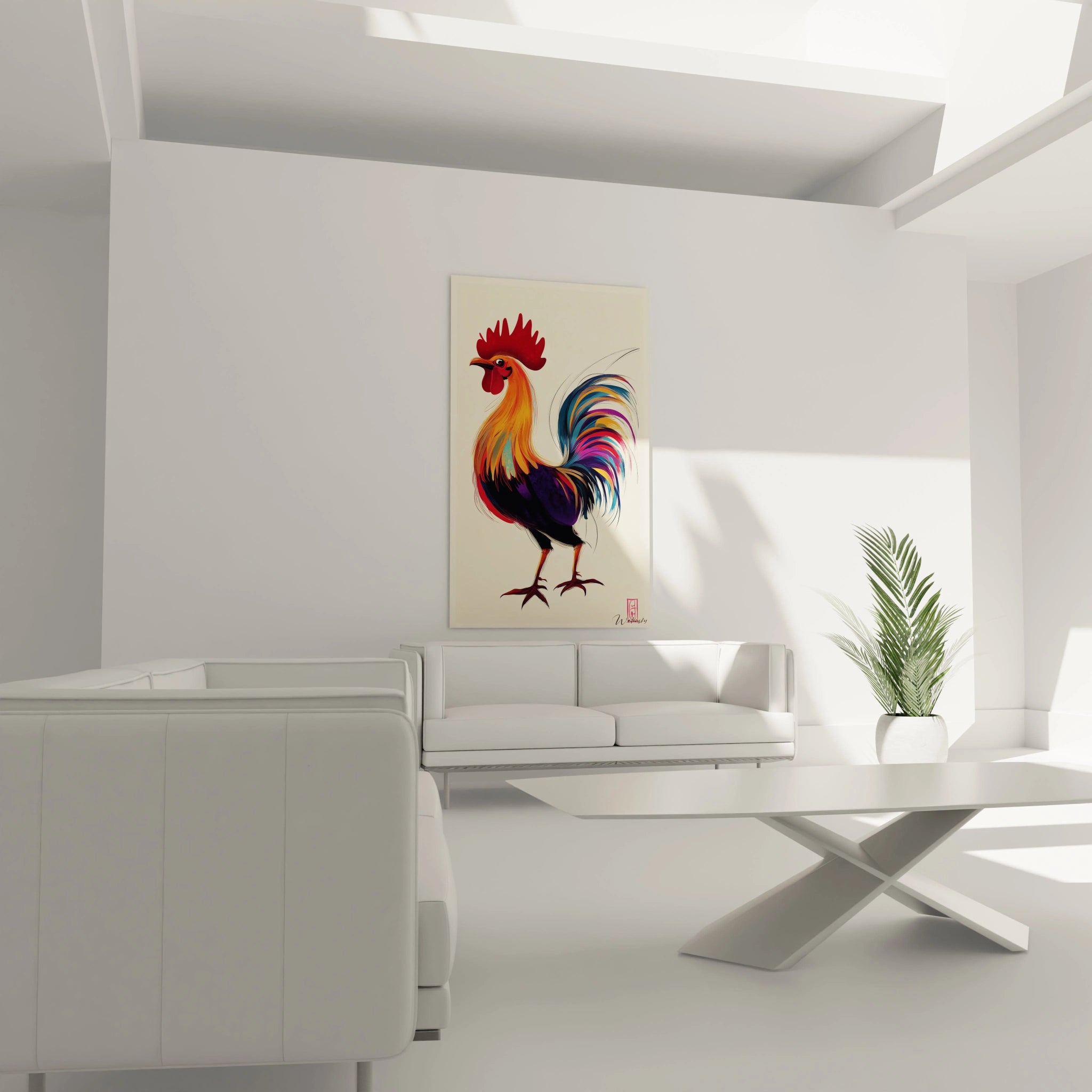 Un tableau coq artistique présentant un gallinacé en position droite et fière. La composition joue sur les contrastes entre le corps orangé lumineux et les plumes de queue en bleu, violet et rouge, avec des coups de pinceau expressifs.
