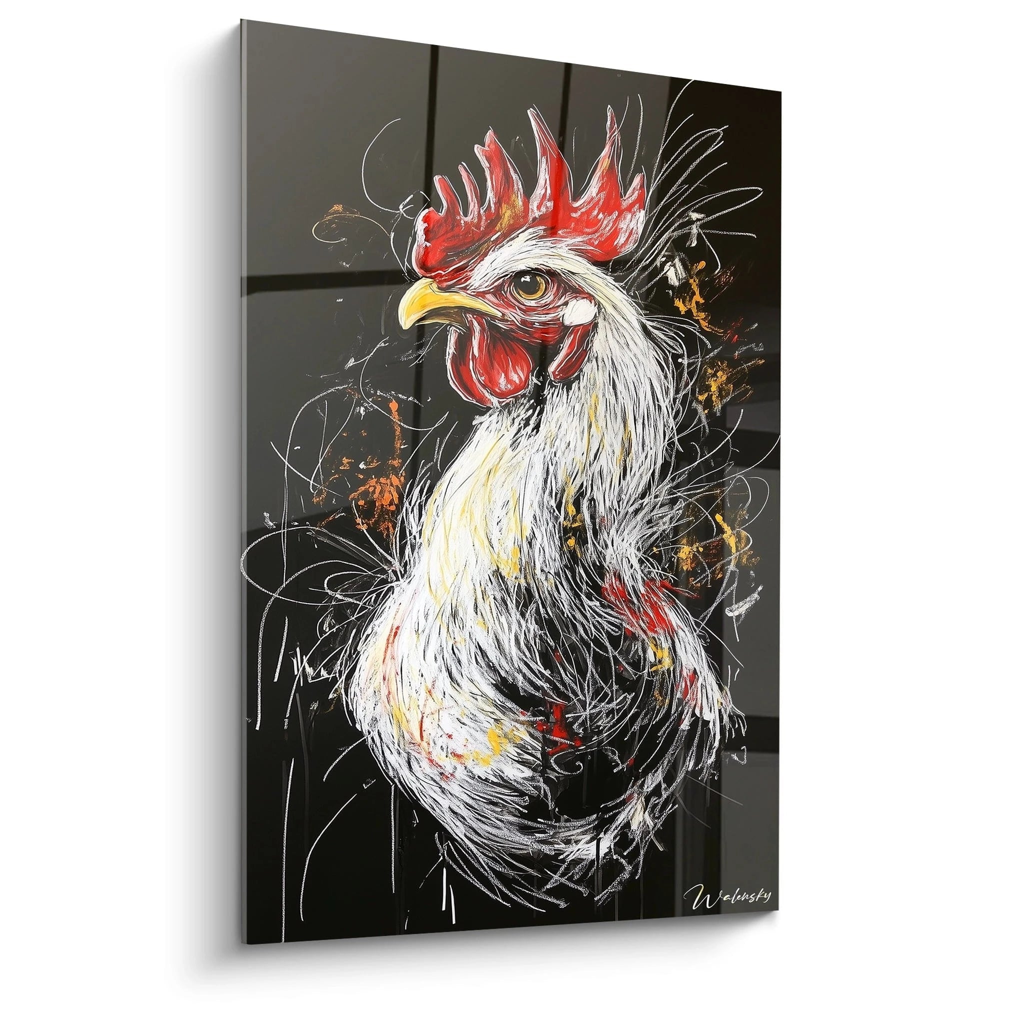 Un tableau coq expressif montrant un coq blanc à crête rouge sur fond noir, avec un regard perçant et un bec jaune vif. Les traits dynamiques et lignes blanches créent un effet de mouvement autour du plumage texturé.
