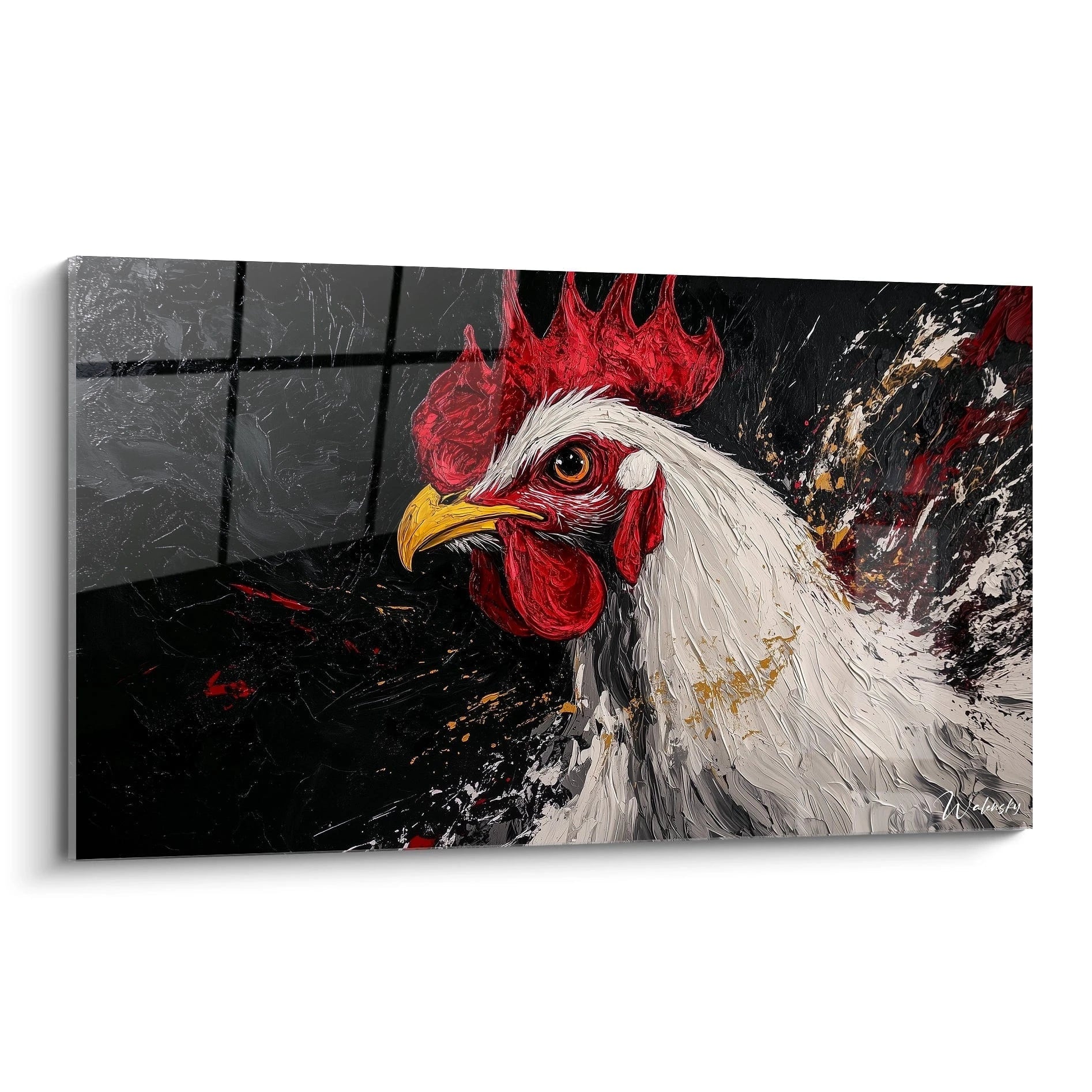 Un tableau coq expressionniste présentant un profil de coq blanc à crête rouge vif sur fond noir profond, avec des éclaboussures dynamiques de peinture blanche et rouge, créant un effet texturé et vibrant.
