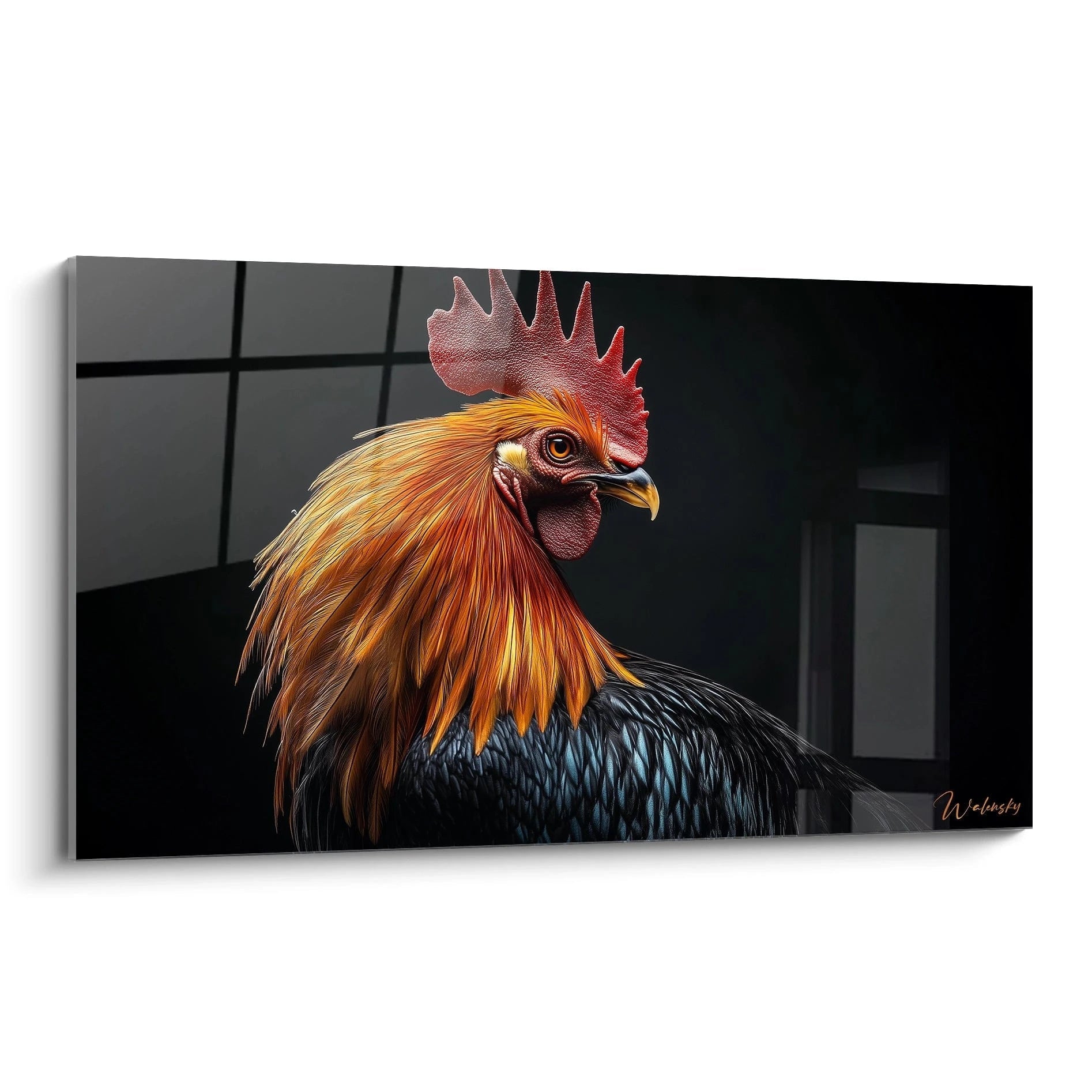 Un tableau artistique abstrait présentant un coq en gros plan sur fond noir, avec une crête rouge vif texturée, des plumes orange flamboyantes sur la tête et le cou, et un plumage noir-bleuté aux reflets métalliques sur le corps.
