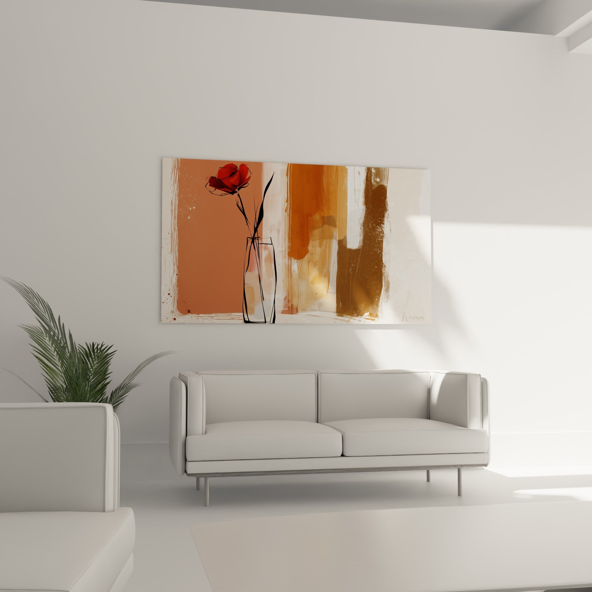 Composition terracotta et brun autour d'un coquelicot rouge esquissé, au-dessus d'un canapé dans un salon lumineux