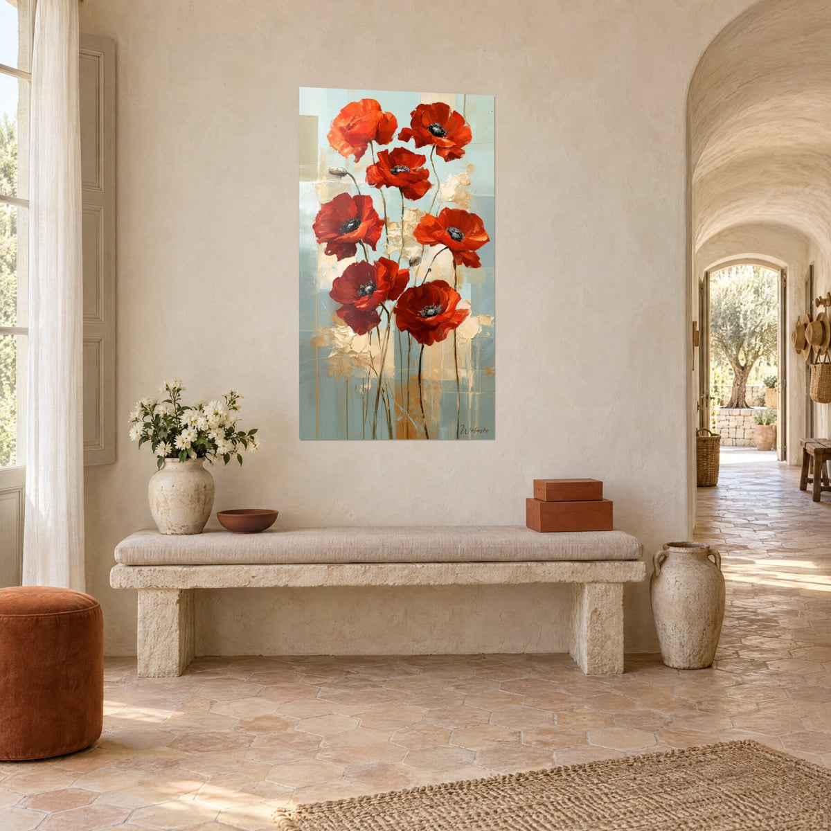Tableau fleurs de pavot rouge vif et tiges brunes sur aplats bleu gris et crème, mur chaulé, banc de pierre, mas provençal