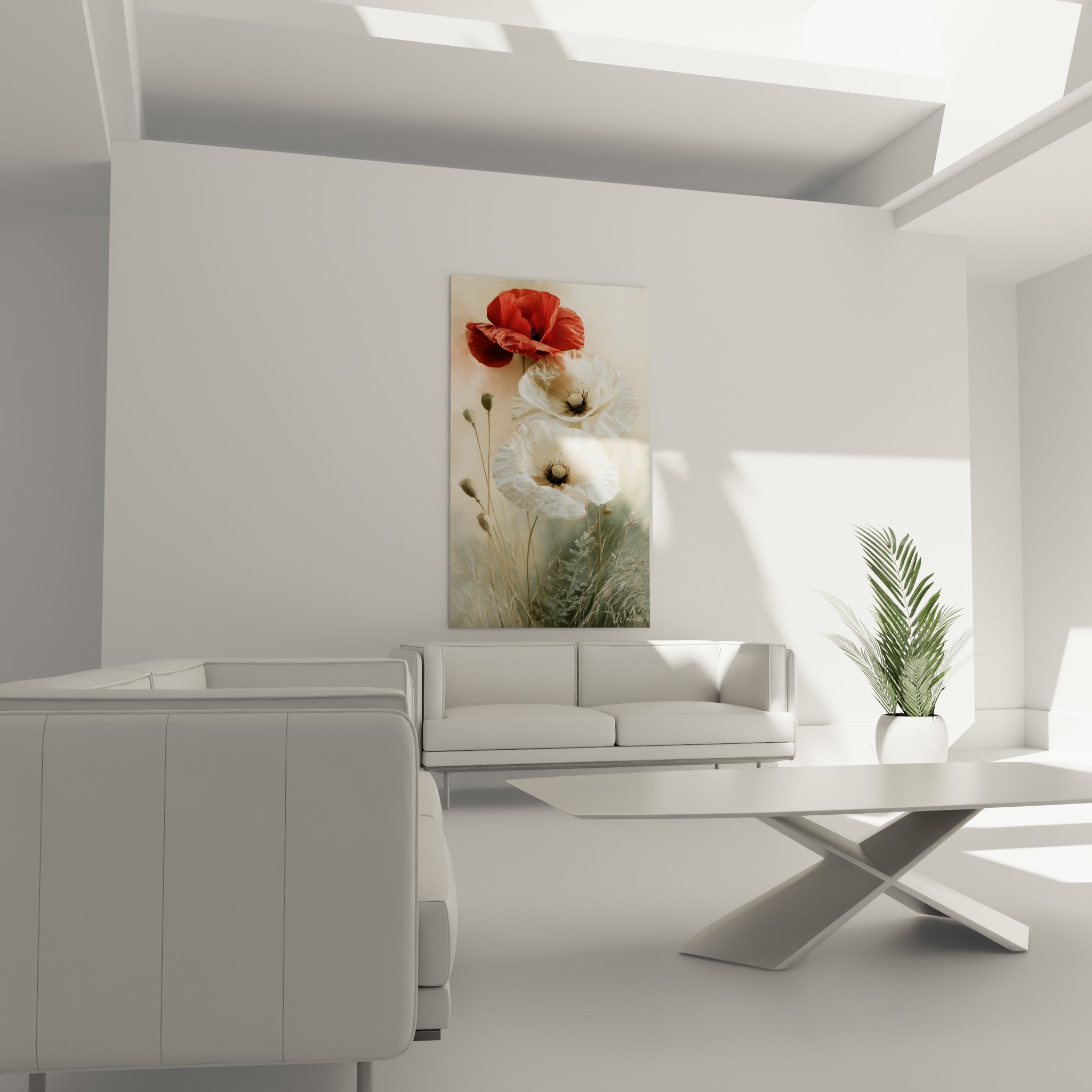 Fleurs de coquelicot rouge et blanc apportent leur douceur au-dessus d'un canapé dans un salon lumineux
