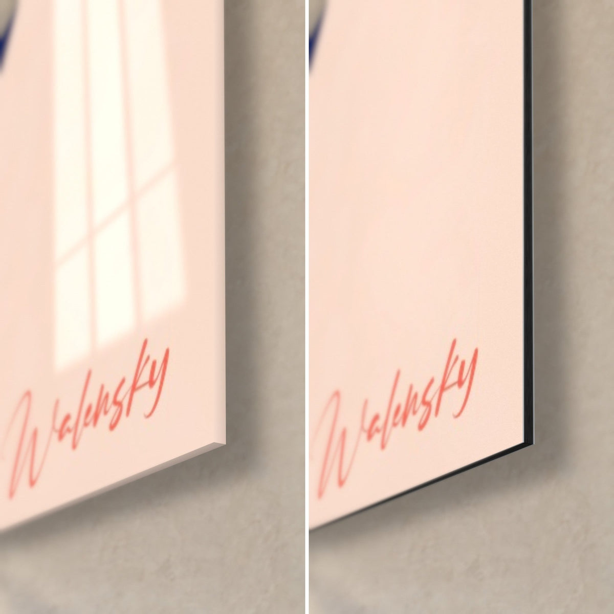 Wall art pale pink floral silhouette, bottom right corner: glossy acrylic glass with reflections on the left, matte black Dibond on the right