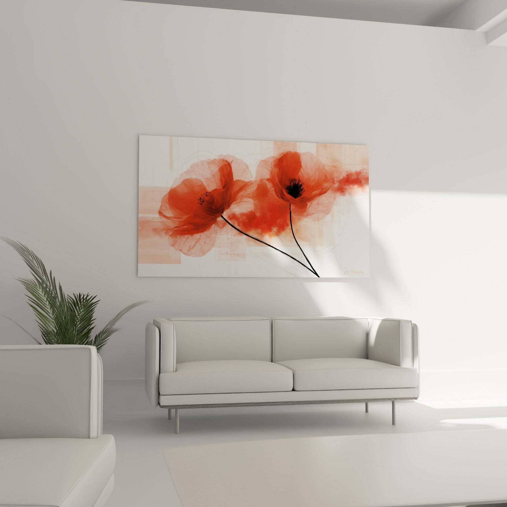Fleurs de coquelicot rouge et blanc aux nuances aquarelle au-dessus d'un canapé dans un salon lumineux
