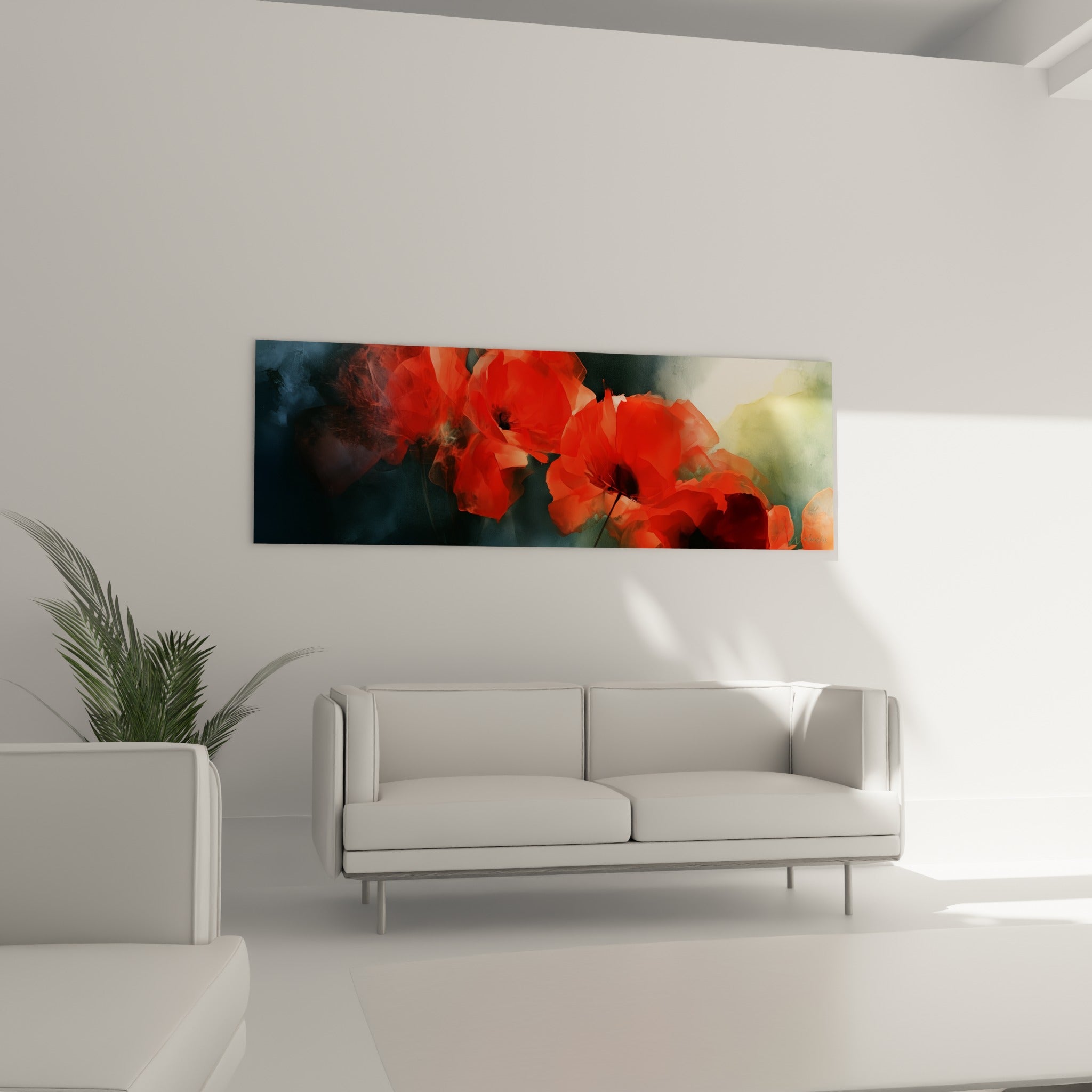 Pétales rouges et cœurs sombres des coquelicots au-dessus d'un canapé dans un salon lumineux