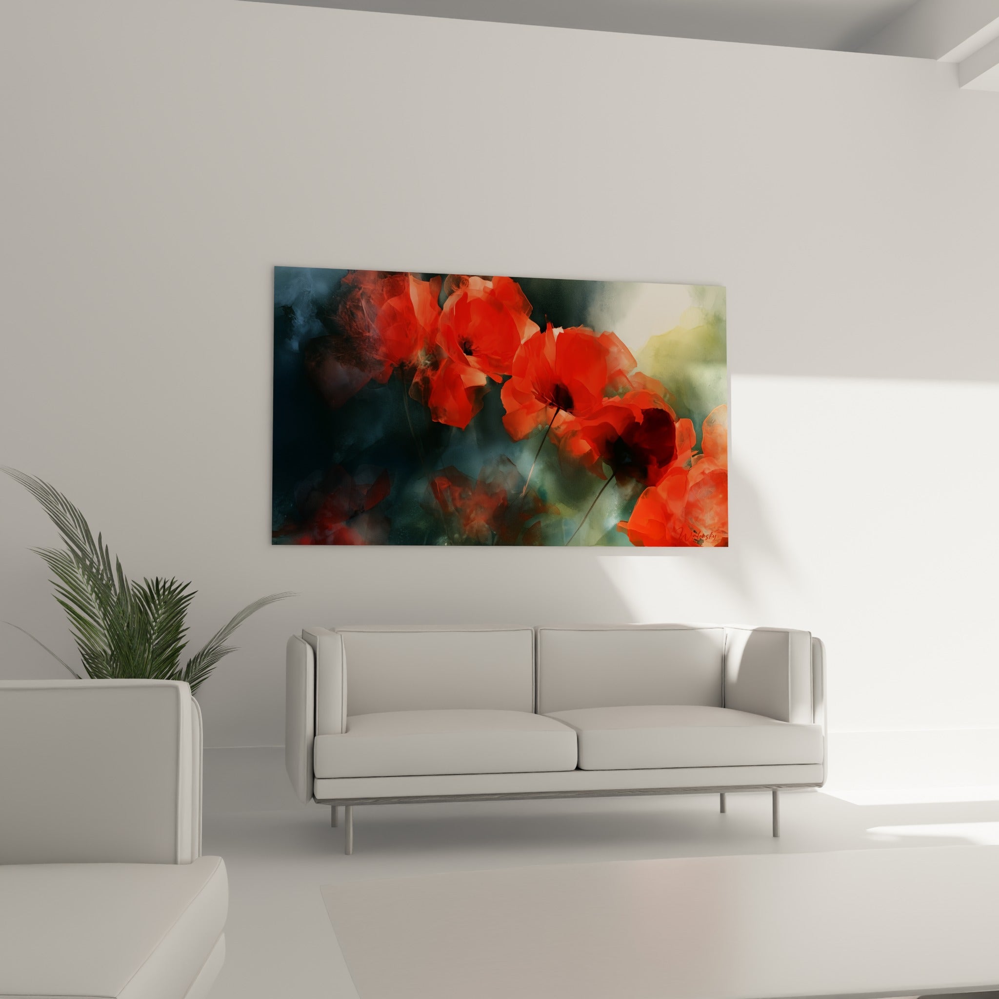 Fleurs de coquelicot éclatantes en rouge et doré, disposées au-dessus d'un canapé dans un salon lumineux