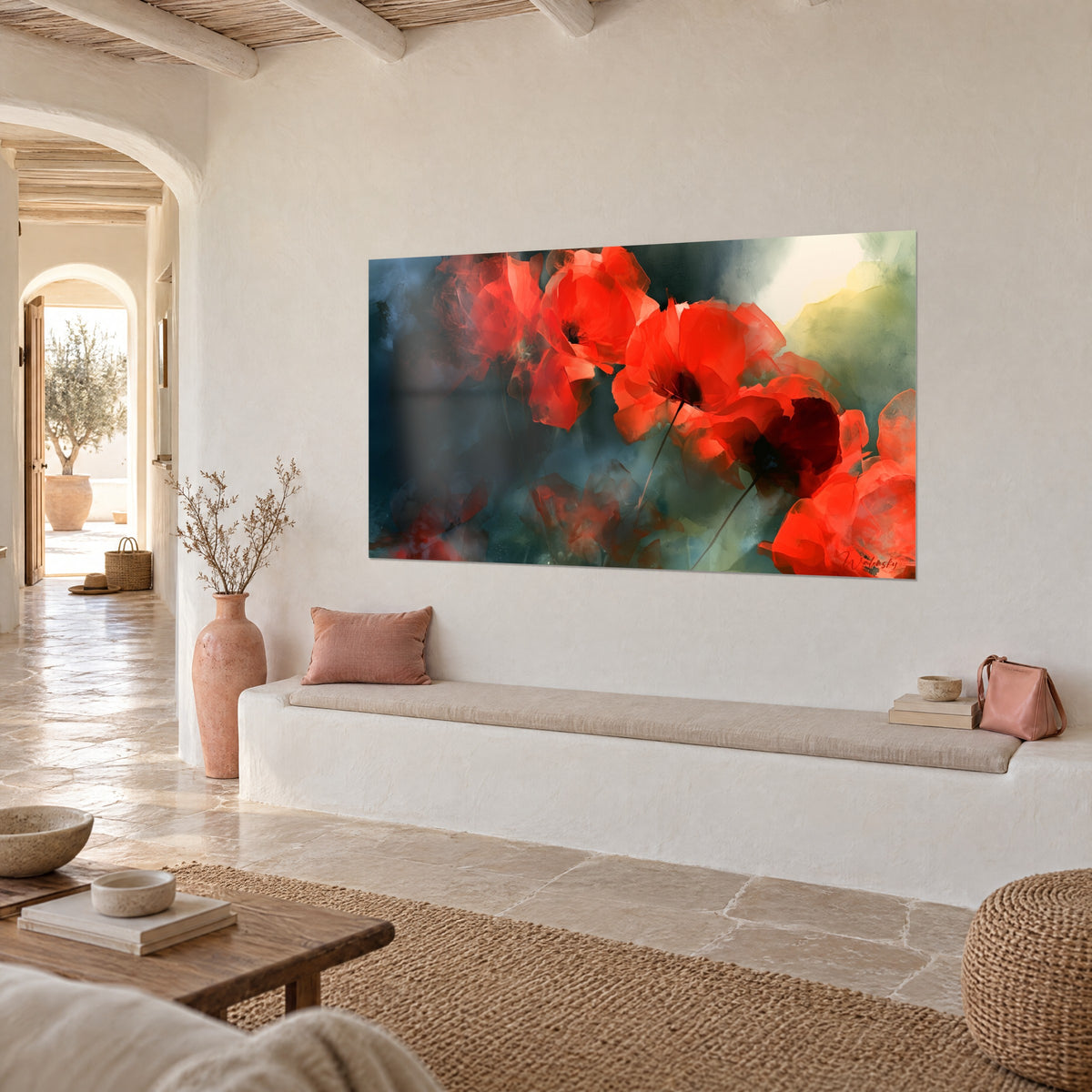 Quadro di papaveri vermiglio che fluttuano in una foschia blu notte e giallo pallido, appeso sopra una panca in pietra