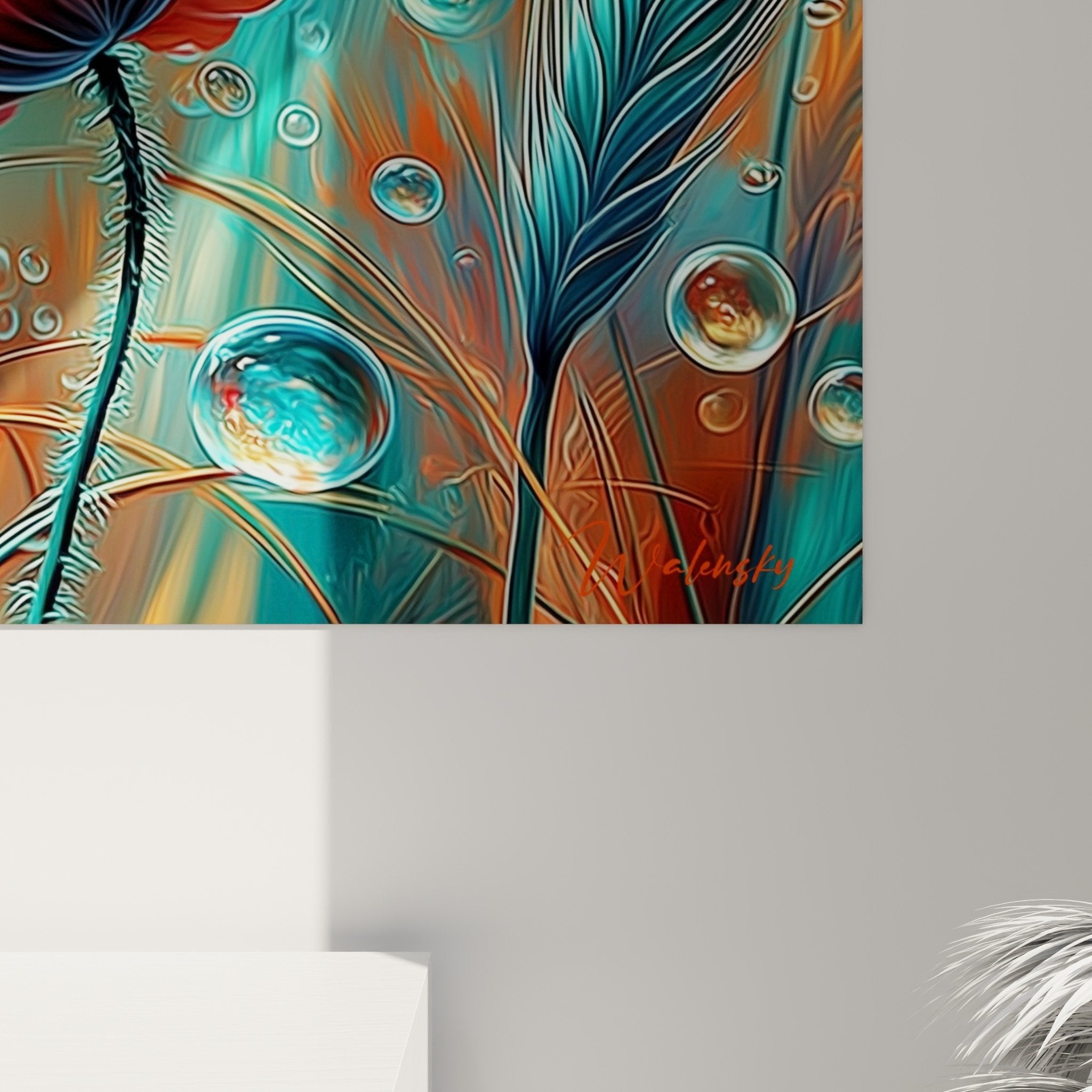 Vista d'insieme del quadro papavero acquatico in interno luminoso con tonalità naturali