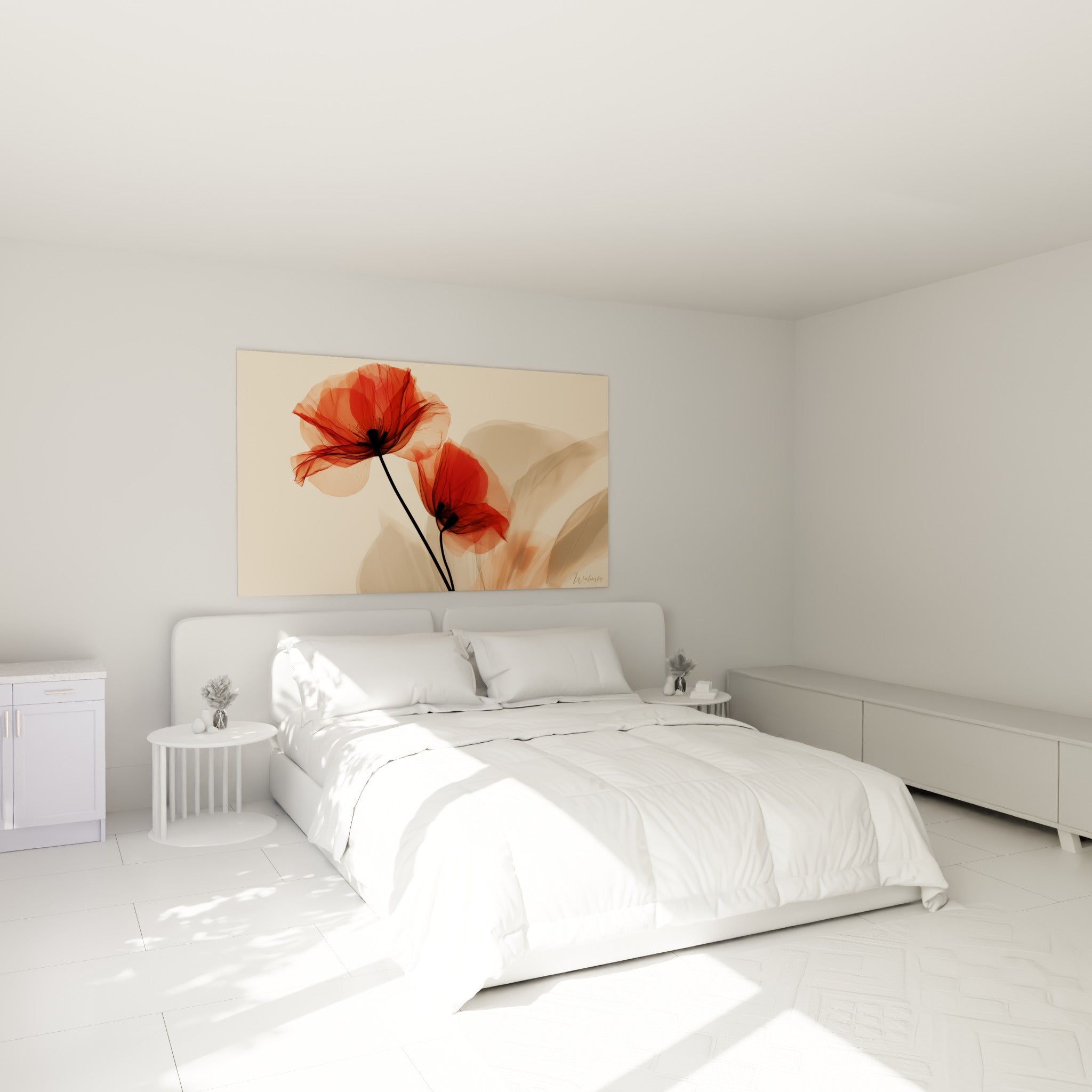 Fleurs de coquelicot rouge et taupe déployées au-dessus d'un lit dans une chambre claire