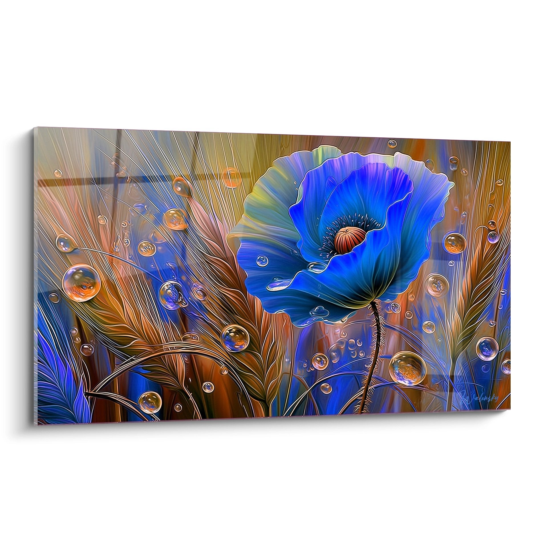 electric blue poppy painting with pink dew bubbles crystalline foliage golden contemporary fantastic art