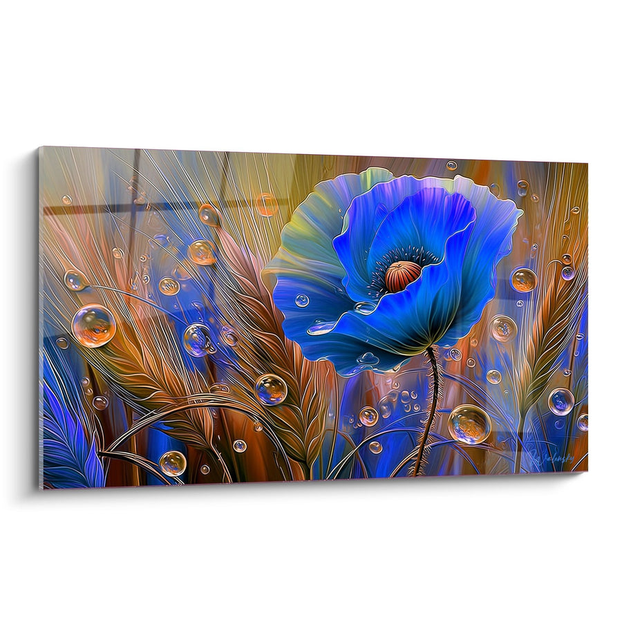 Tableau Coquelicot Bleu Spectaculaire aux Reflets Irisés avec Bulles de Rosée - Jardin Féerique - Edition Coquelicot