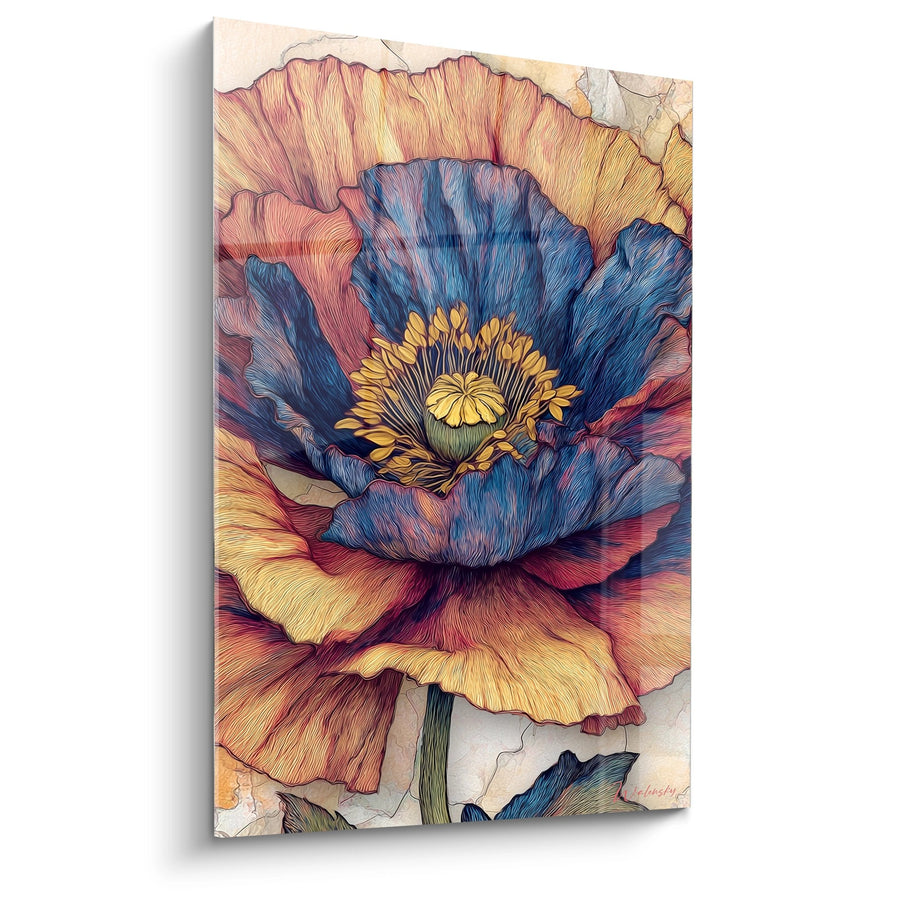 Tableau Coquelicot Bleu et Orange aux Détails Dorés - Fleur Éclatante - Edition Coquelicot