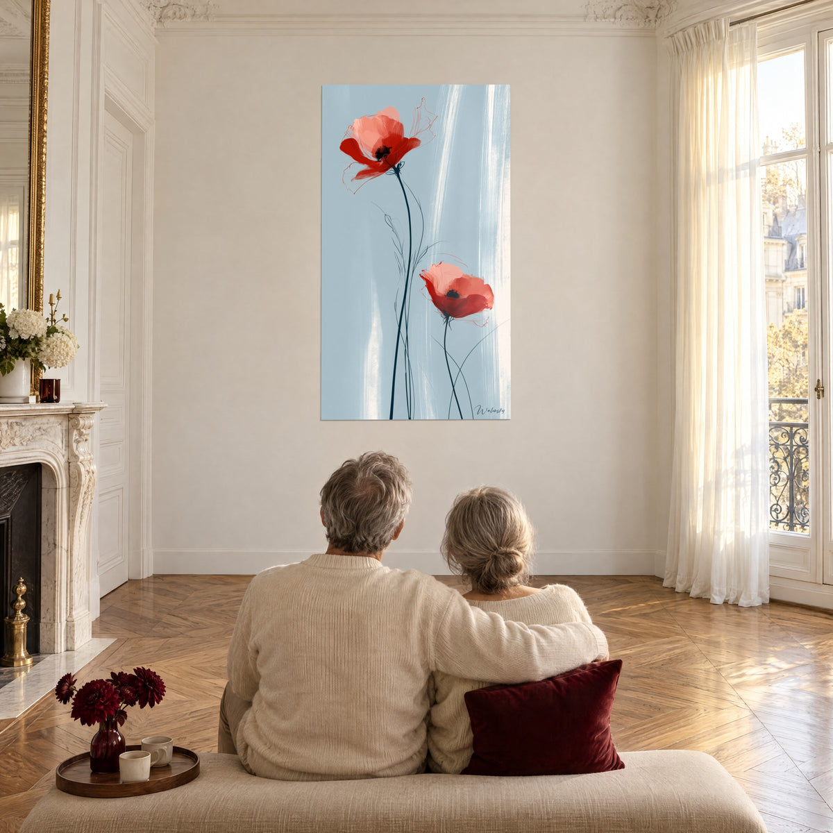 Wall art pair of red-orange poppies with crinkled petals, white streaks on powdery blue background, in a large salon with antique parquet