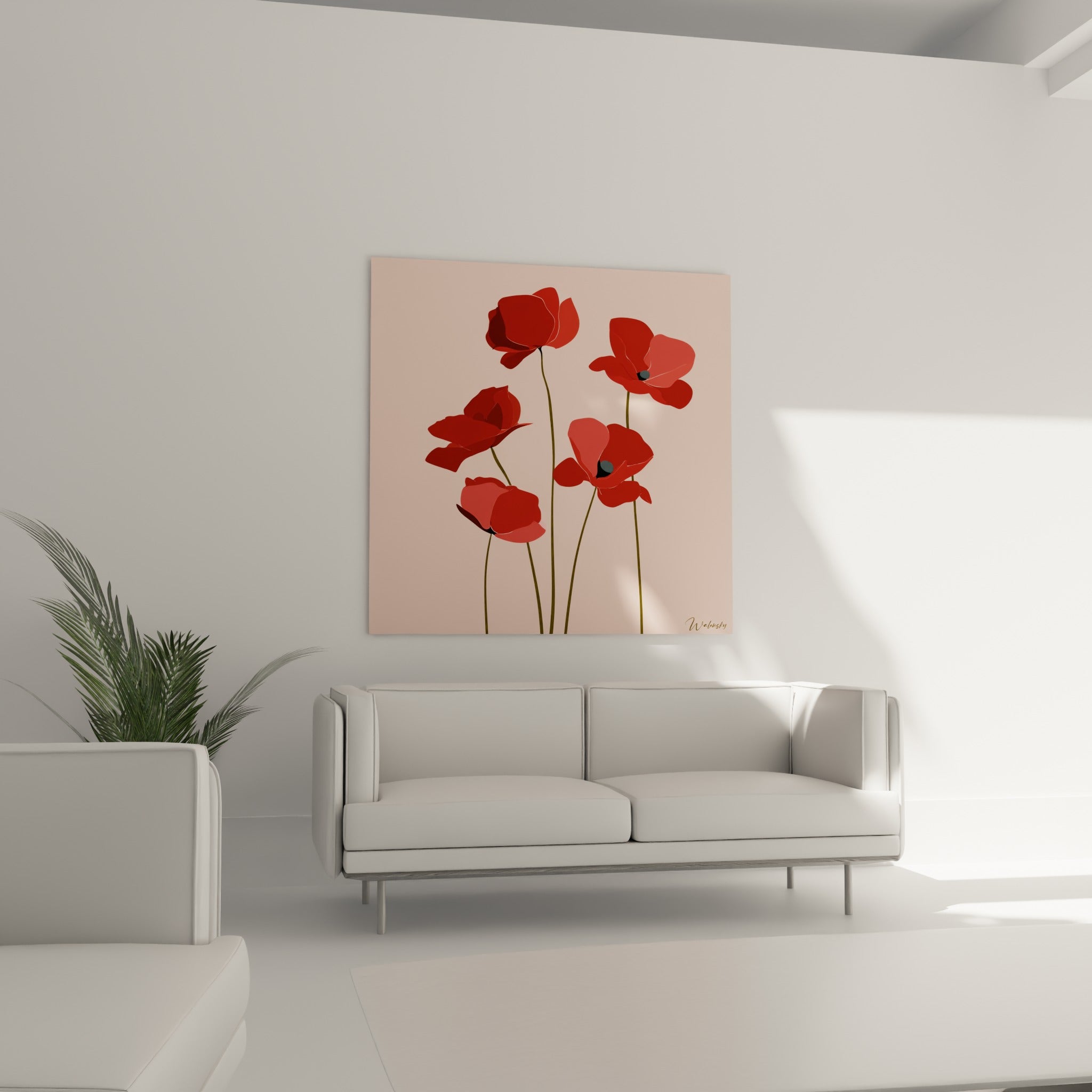 Bouquet de coquelicots bordeaux et corail orne le mur au-dessus d'un canapé dans un salon lumineux