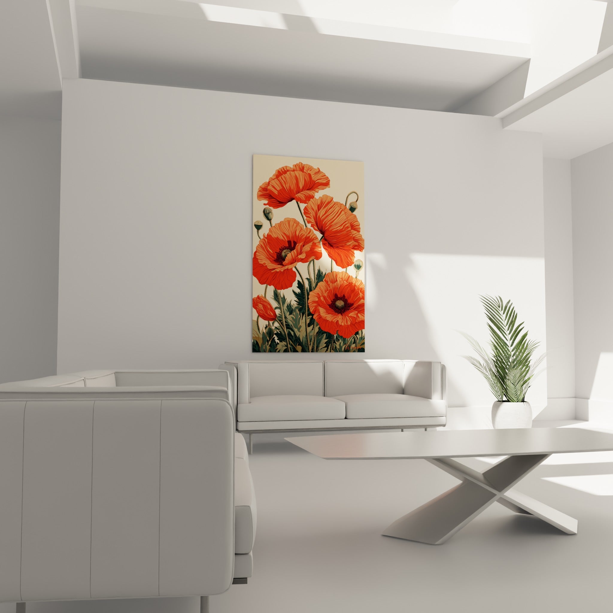 Fleurs de coquelicot rouge et cœurs bordeaux disposées au-dessus d'un canapé dans un salon lumineux