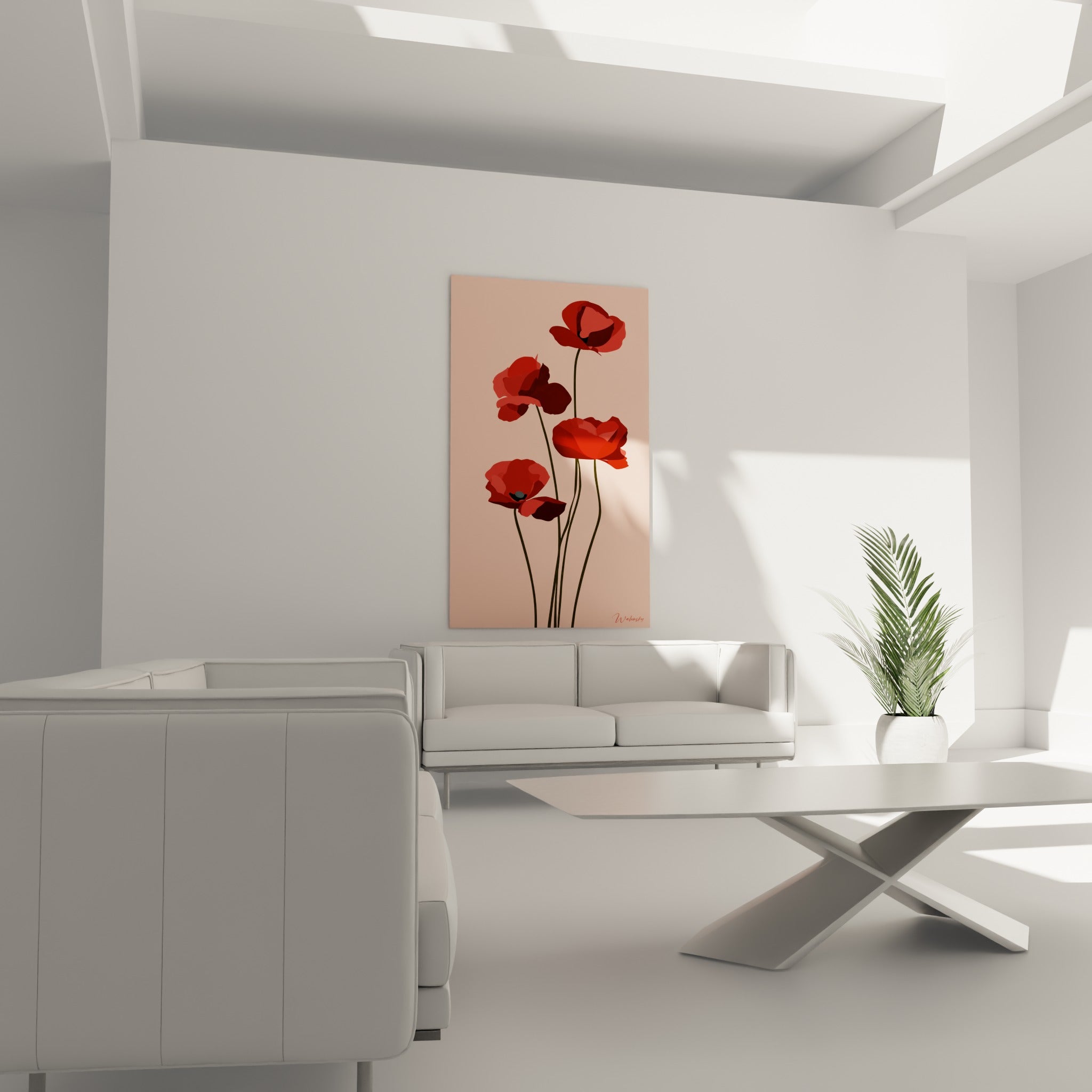 Fleurs de coquelicot rouge et bordeaux sur fond rose accrochées au-dessus d'un canapé dans un salon lumineux