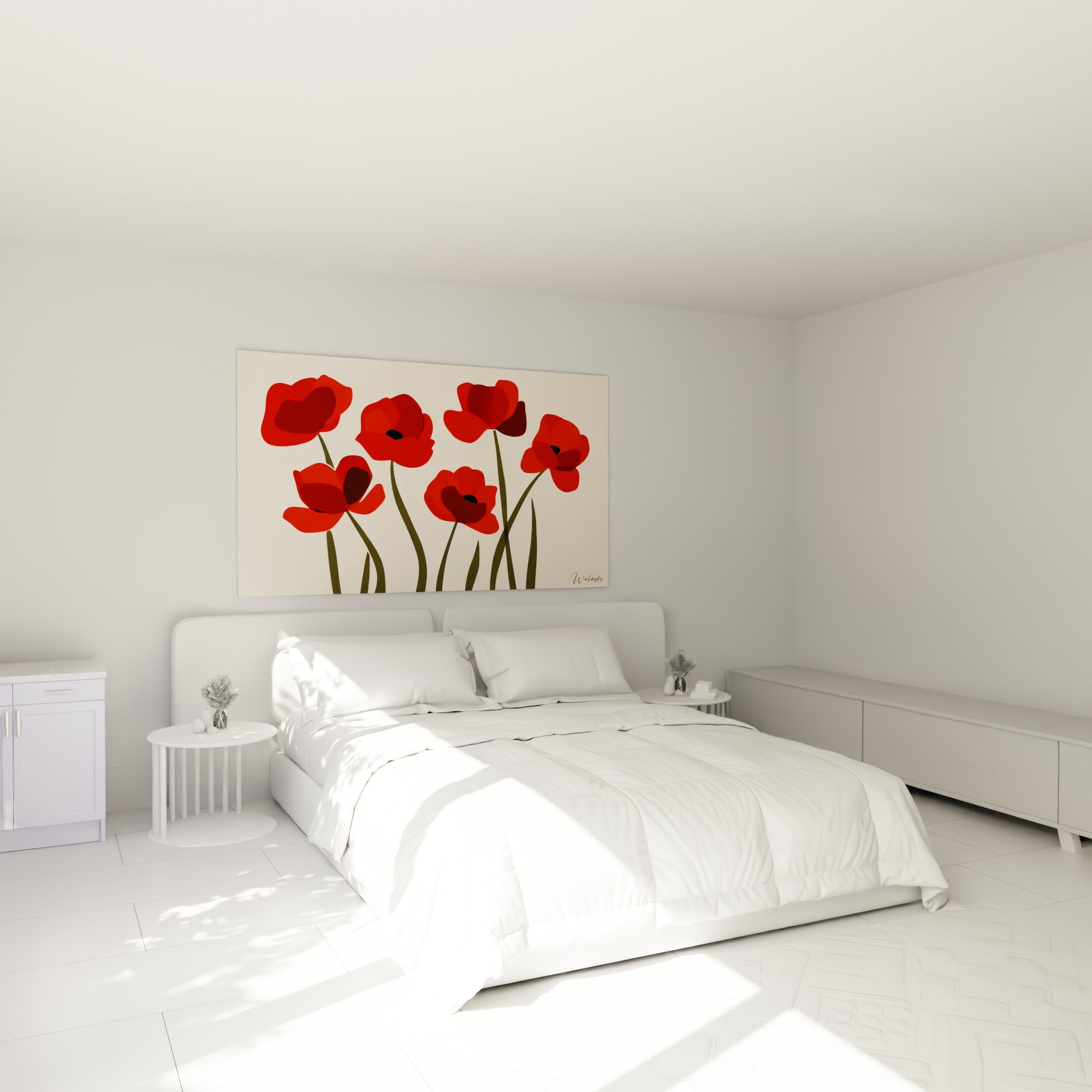 Coquelicots rouges stylisés aux cœurs sombres, disposés au-dessus d'un lit dans une chambre claire