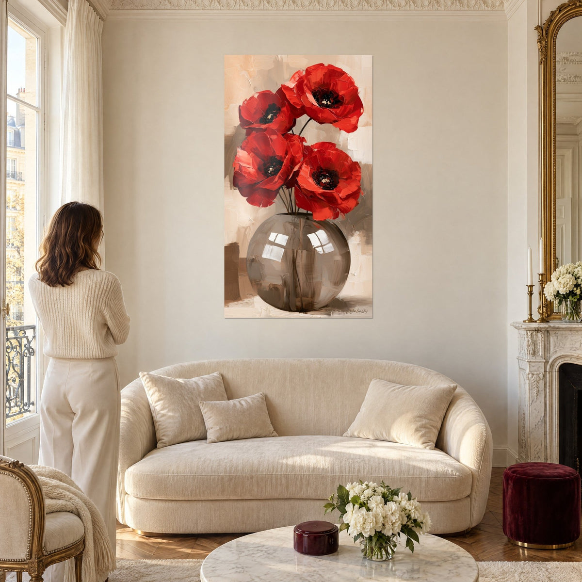 Tableau coquelicots écarlates dans un vase de verre fumé taupe, reflets de fenêtre, femme de dos au-dessus d'un canapé dans un salon lumineux