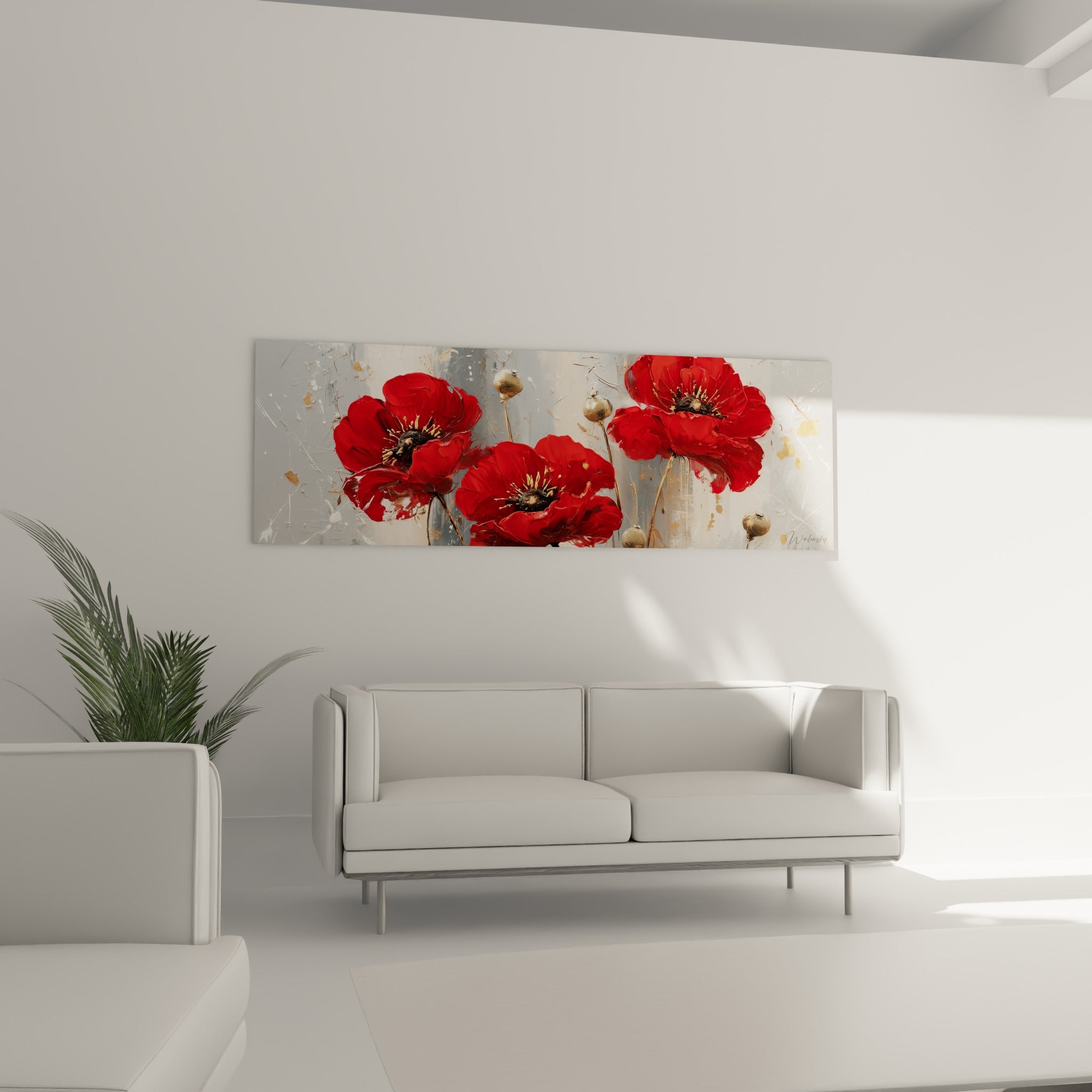Bouquet de coquelicots rouges et bronzés surplombant un canapé dans un salon lumineux