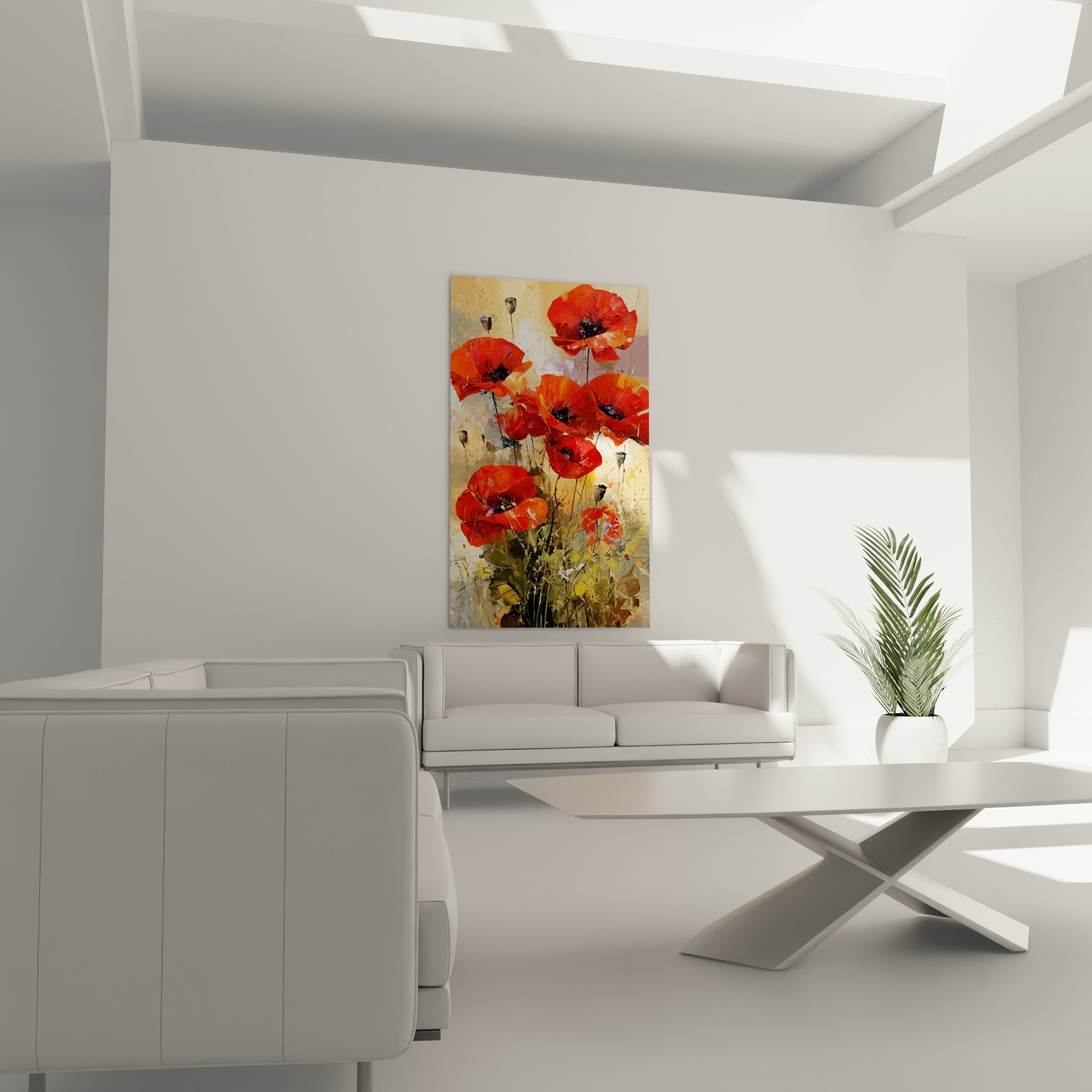 Fleurs de coquelicot orangées et pétales rouges au-dessus d'un canapé dans un salon lumineux.