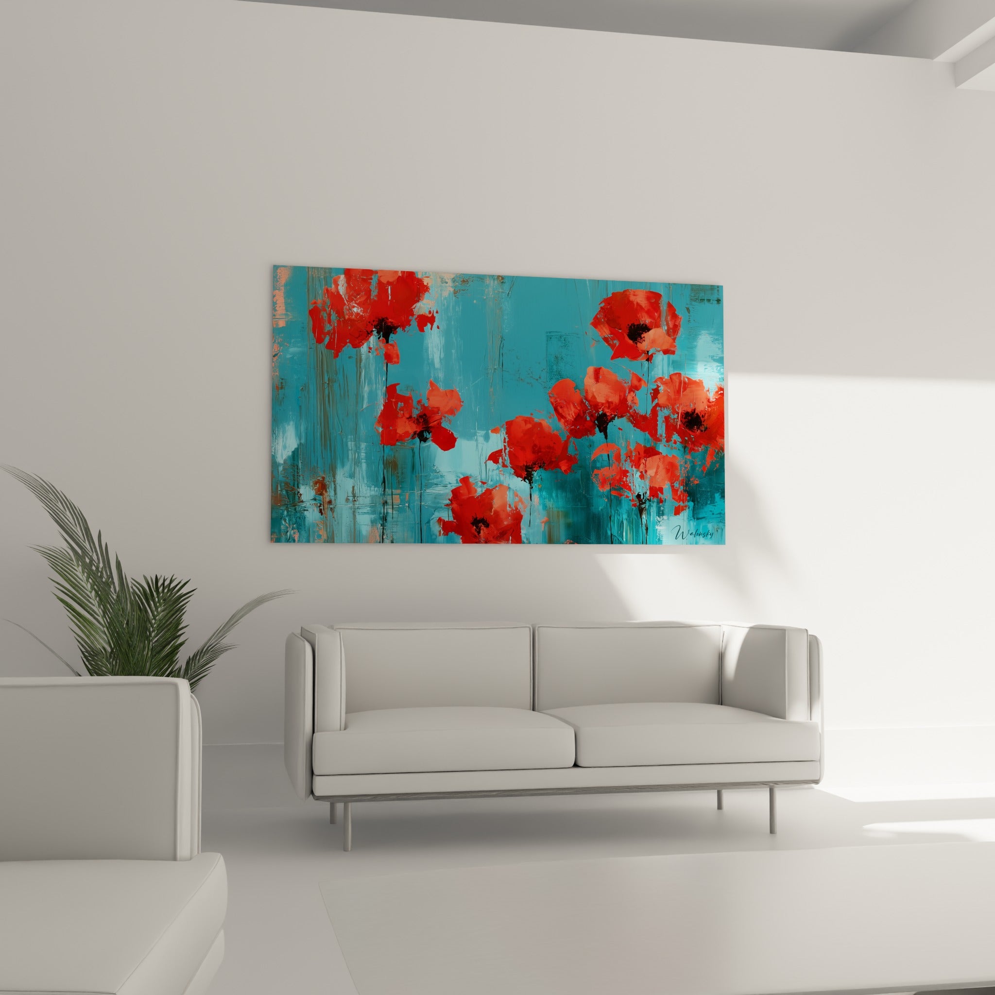 Bouquet de coquelicots écarlates sur fond turquoise accroché au-dessus d'un canapé dans un salon lumineux