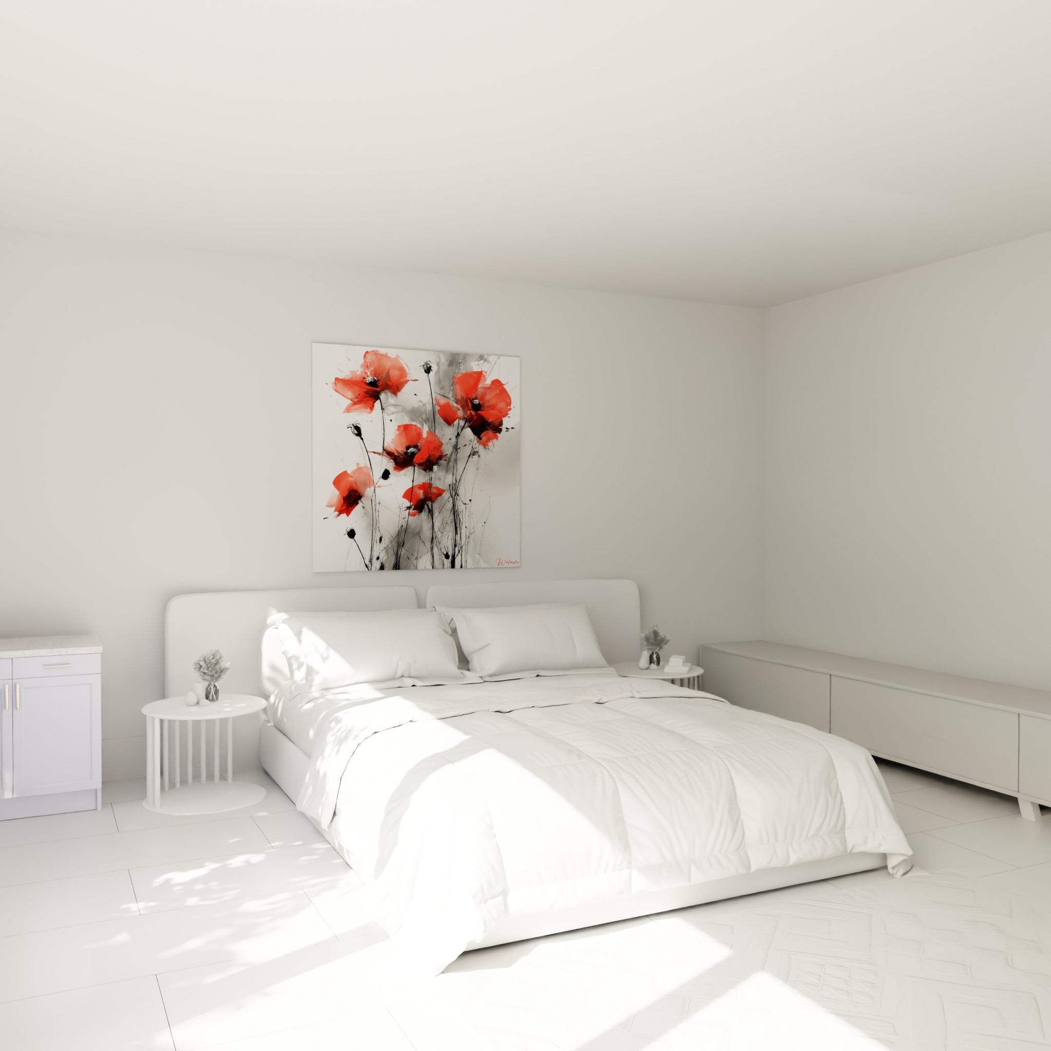Bouquet de coquelicots rouge vif et gris fumé, accroché au-dessus d'un lit dans une chambre claire