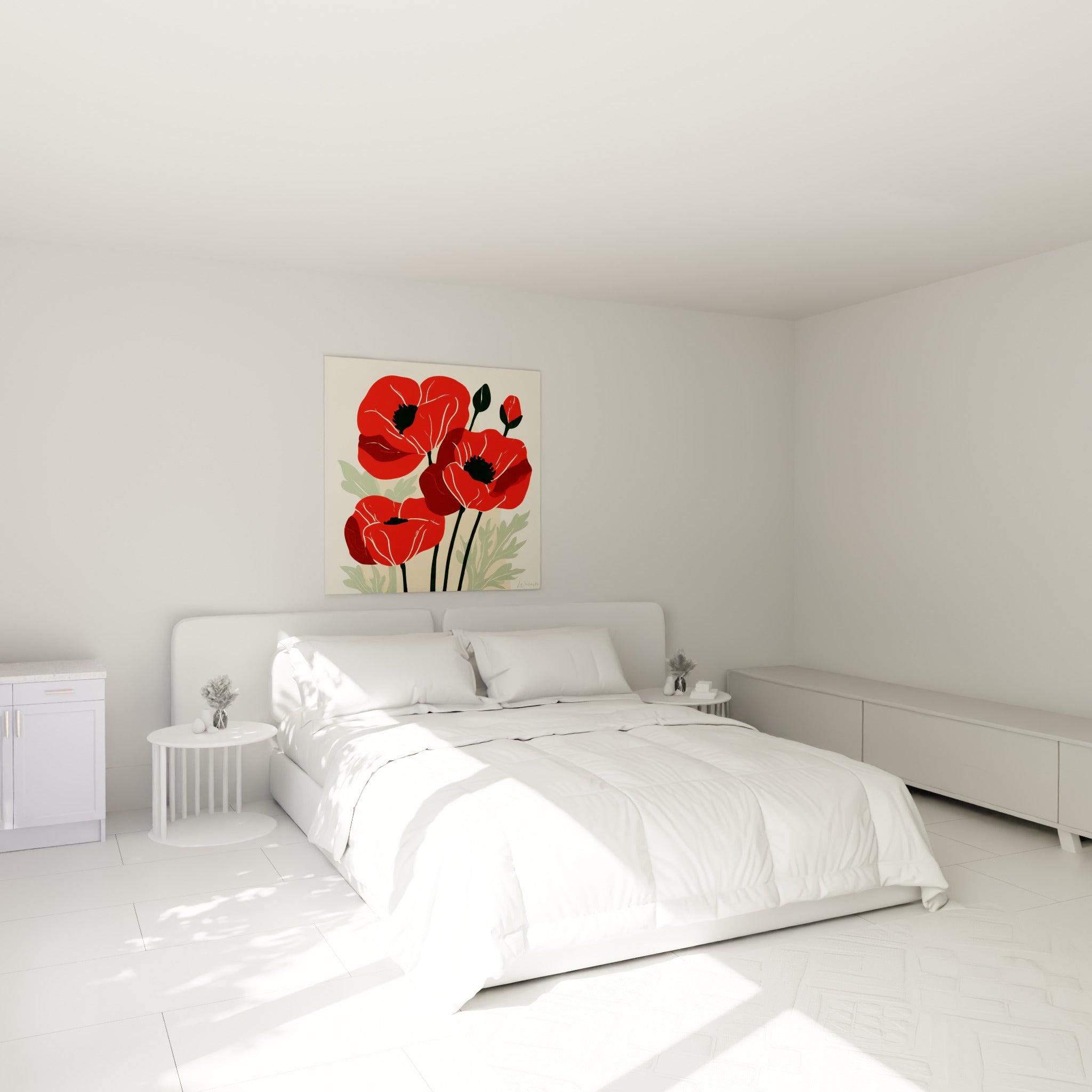 Bouquet de coquelicots rouges et vert sauge accroché au-dessus d'un lit dans une chambre claire
