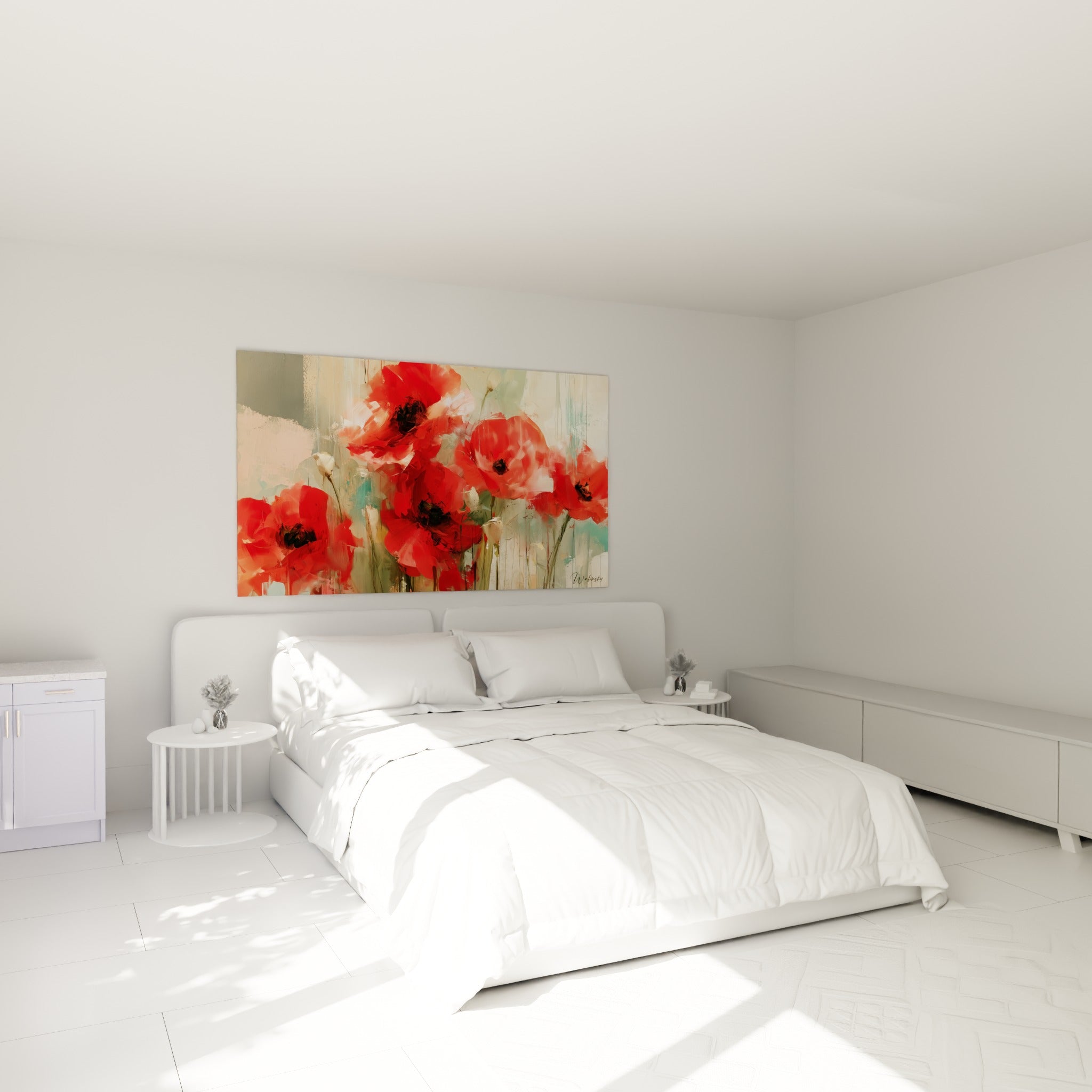 Bouquet de coquelicots rouges et blancs au-dessus d'un lit dans une chambre claire