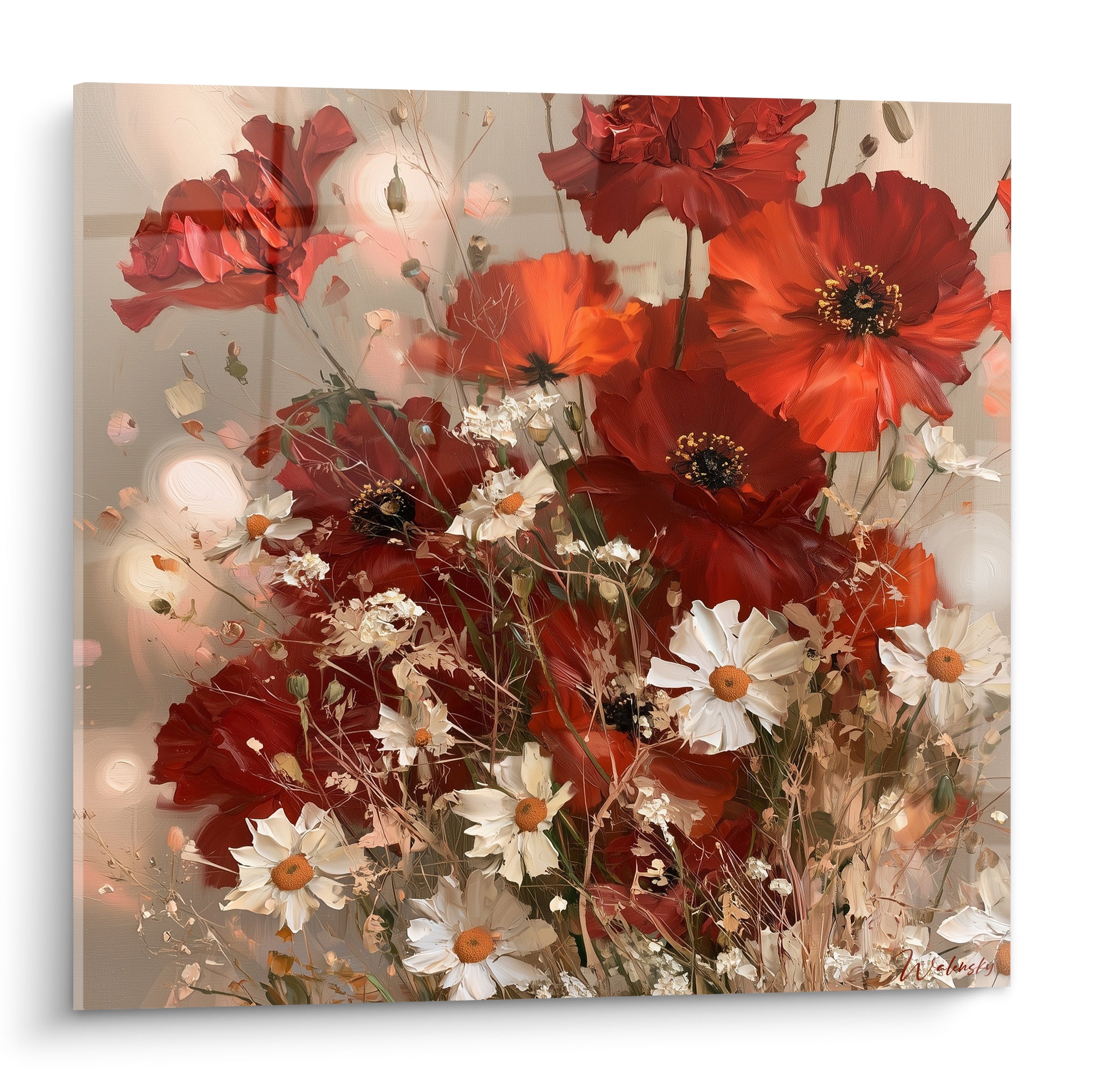 Coquelicots rouges et marguerites blanches en bouquet dense, fond beige lumineux flouté